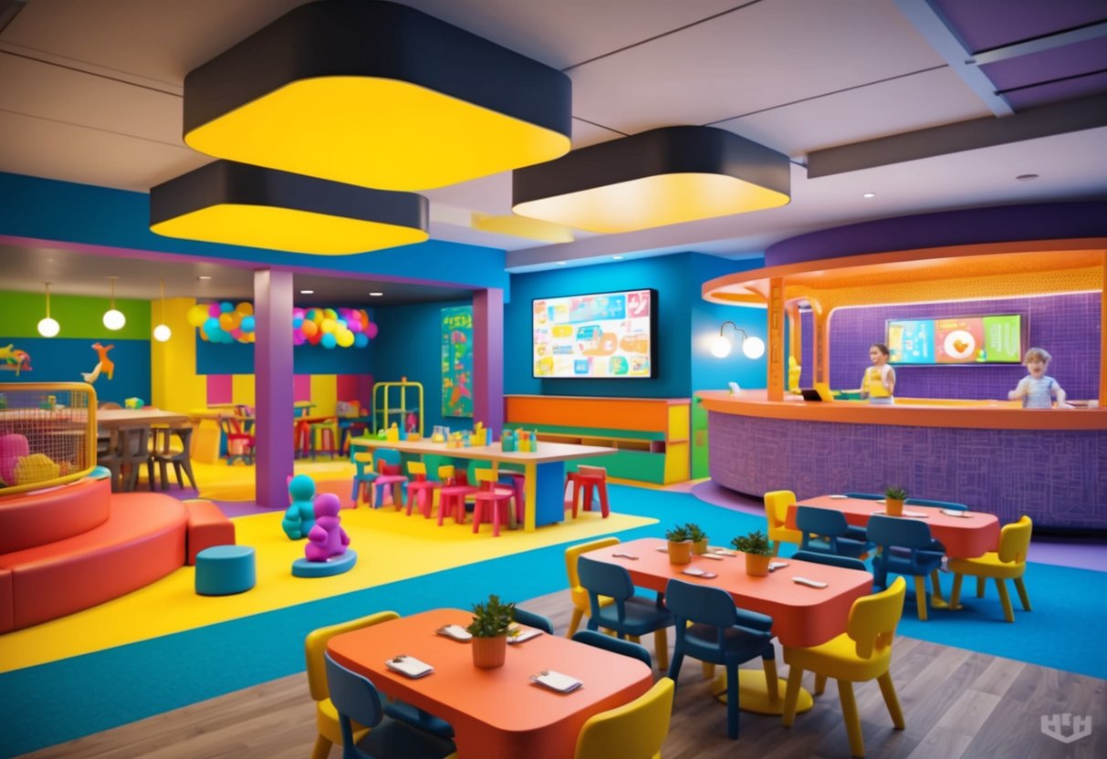 A lively restaurant with colorful decor, a play area for toddlers, and a stage for live entertainment