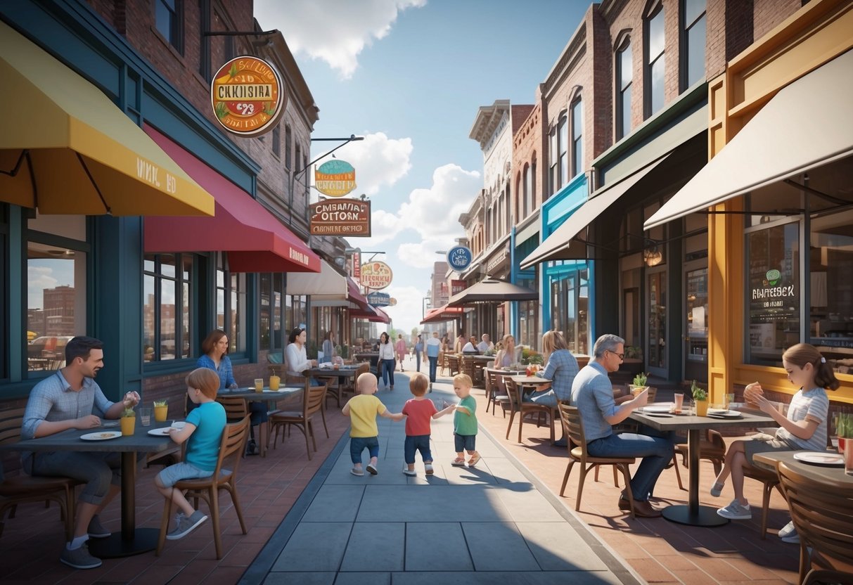 A bustling street lined with diverse restaurants, outdoor seating, and colorful signage, with families and toddlers enjoying a variety of cuisines in Oklahoma City