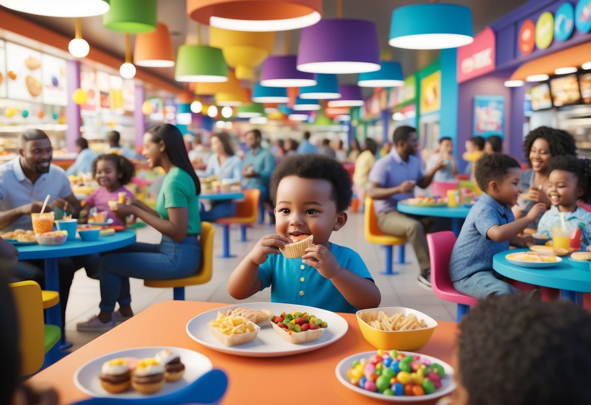 A colorful and bustling food court filled with families enjoying a variety of quick bites and sweet treats. A playful toddler happily munches on a snack while surrounded by vibrant decor and happy chatter