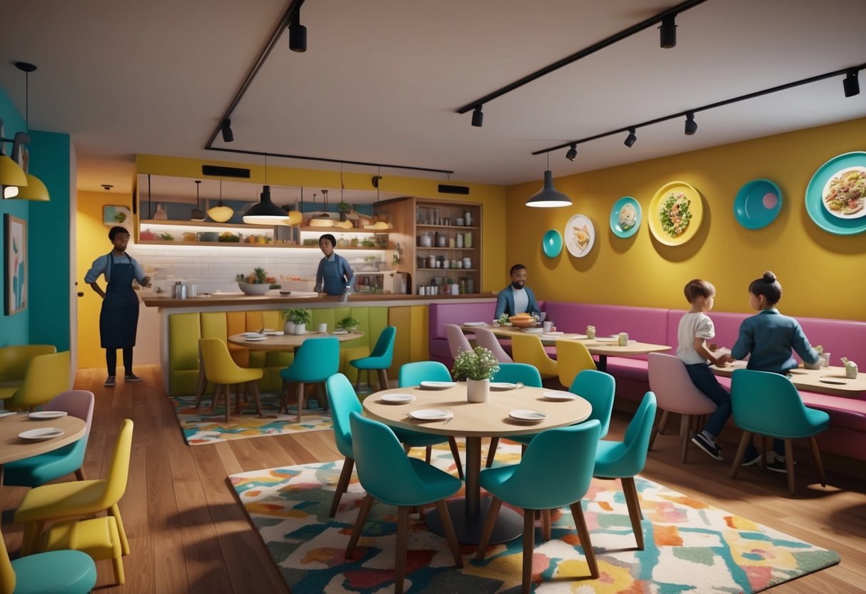 A cozy, colorful restaurant with high chairs and a play area for toddlers, featuring unique, hand-crafted dishes and friendly staff