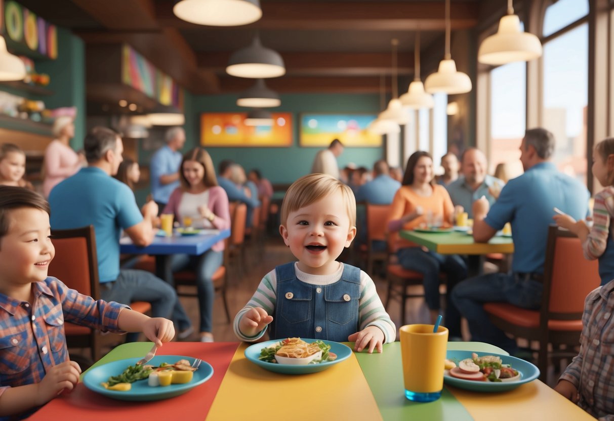 A cheerful toddler sits at a colorful table in a bustling Oklahoma City restaurant, surrounded by happy families enjoying their meals