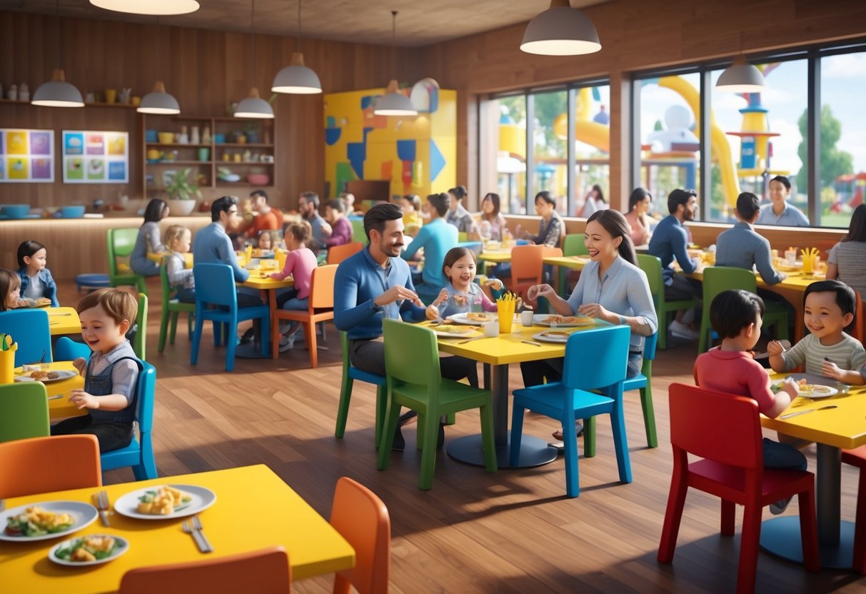 A colorful, bustling restaurant with high chairs and a play area for toddlers, filled with families enjoying tasty meals and cheerful conversation