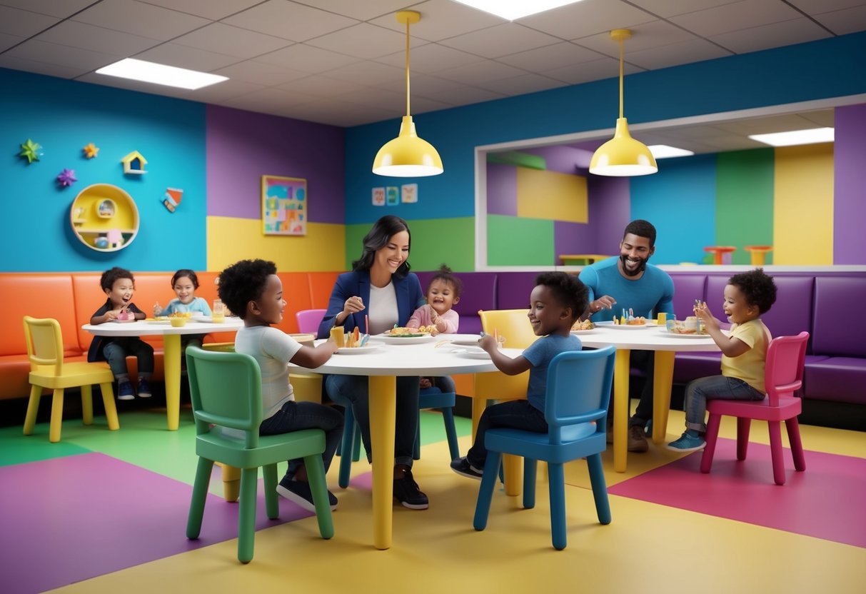A colorful restaurant with high chairs, crayons, and a play area. Families enjoying meals together while toddlers giggle and explore