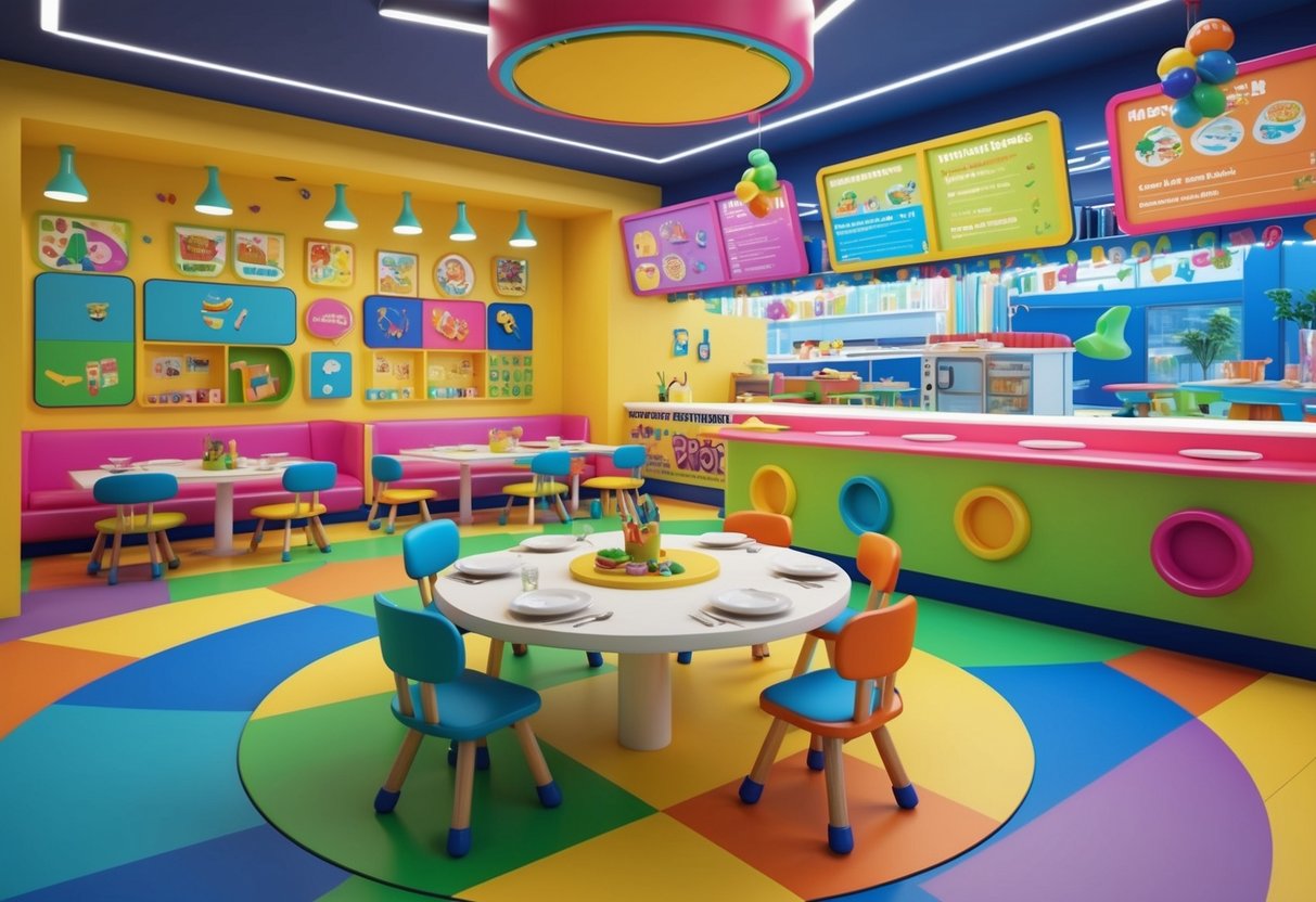 A colorful and lively restaurant with a play area for toddlers, featuring fun and interactive decor, and a menu with a variety of kid-friendly options