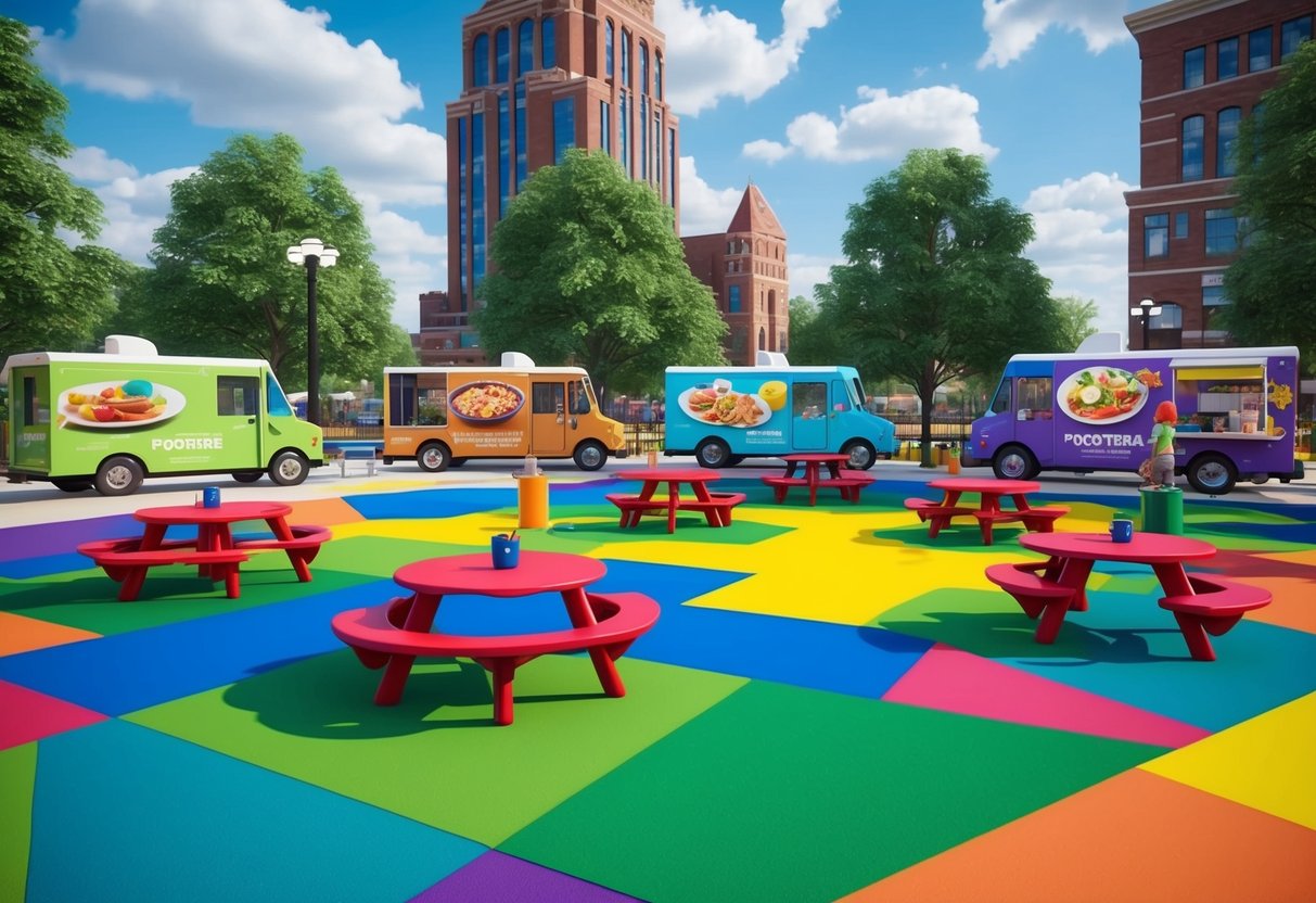 A colorful playground with picnic tables surrounded by food trucks serving a variety of toddler-friendly meals in a vibrant park setting in Tulsa