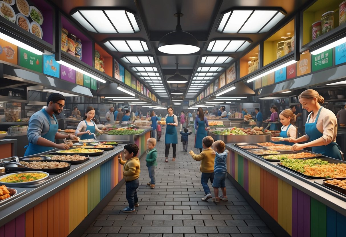 A bustling food market with colorful stalls selling diverse cuisine, families and toddlers enjoying the lively atmosphere
