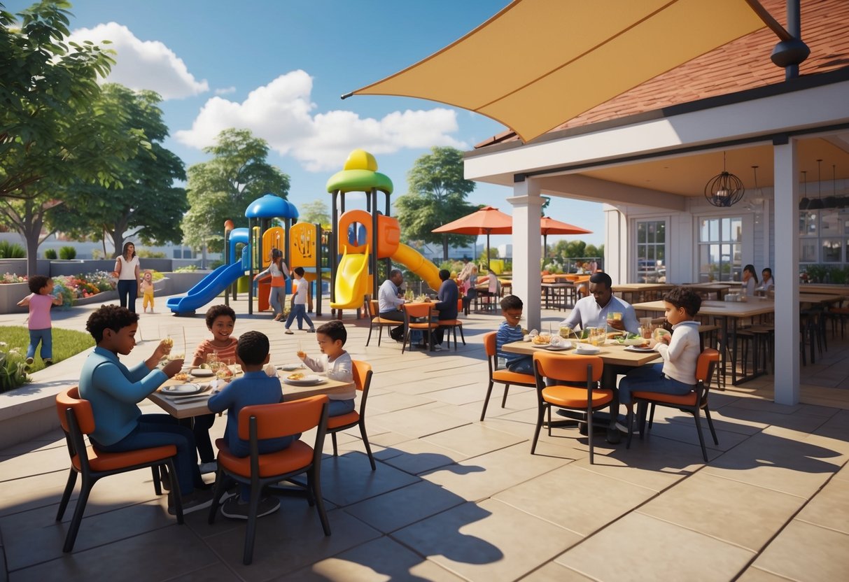 A lively restaurant patio near a colorful playground, with families enjoying meals while toddlers play