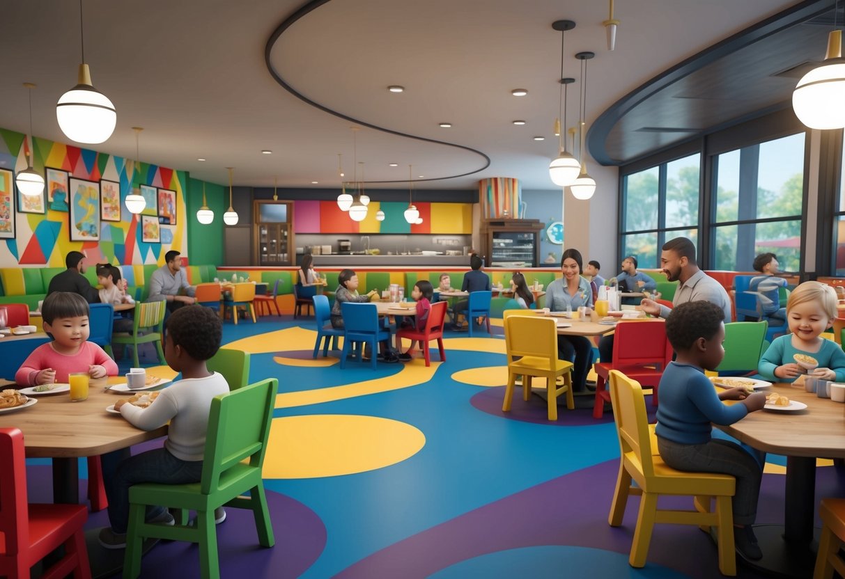 A bustling restaurant with colorful decor, highchairs, and a play area for toddlers, surrounded by happy families enjoying their meals