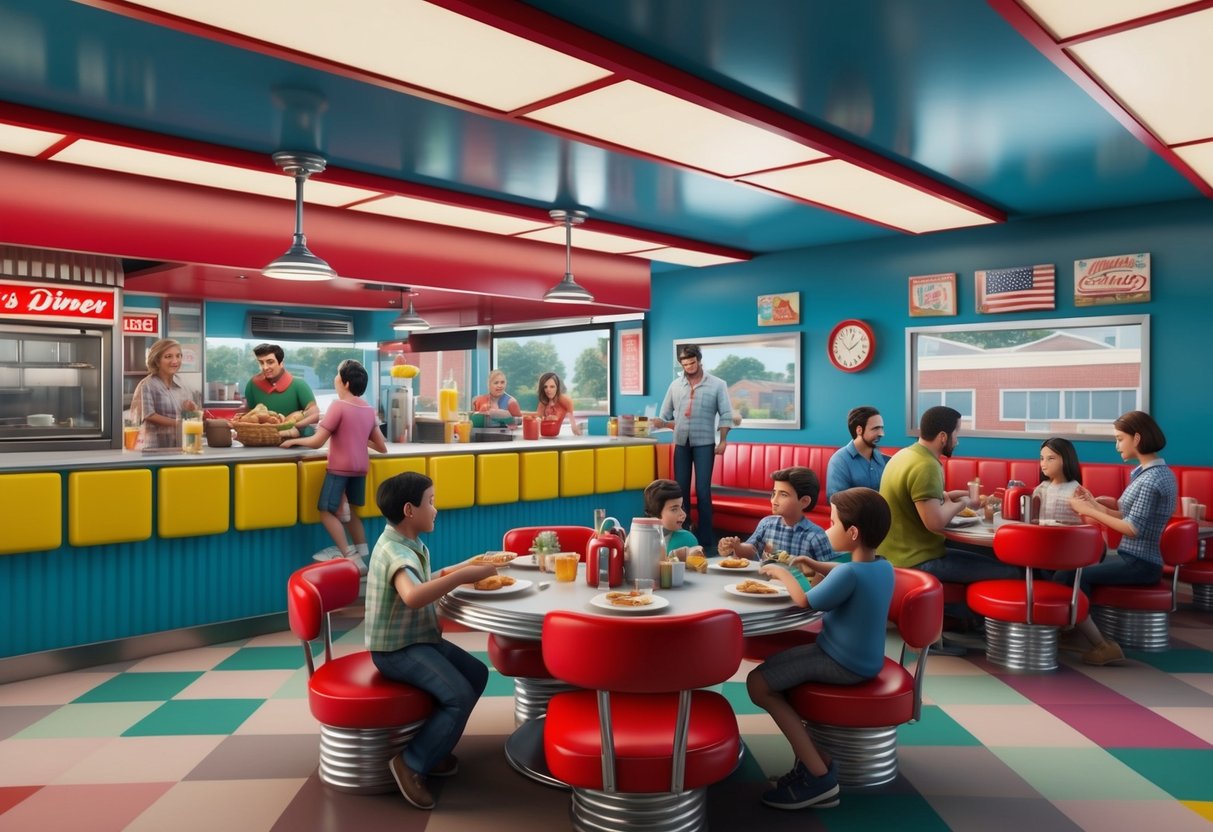 A colorful diner with a play area filled with families enjoying classic American dishes