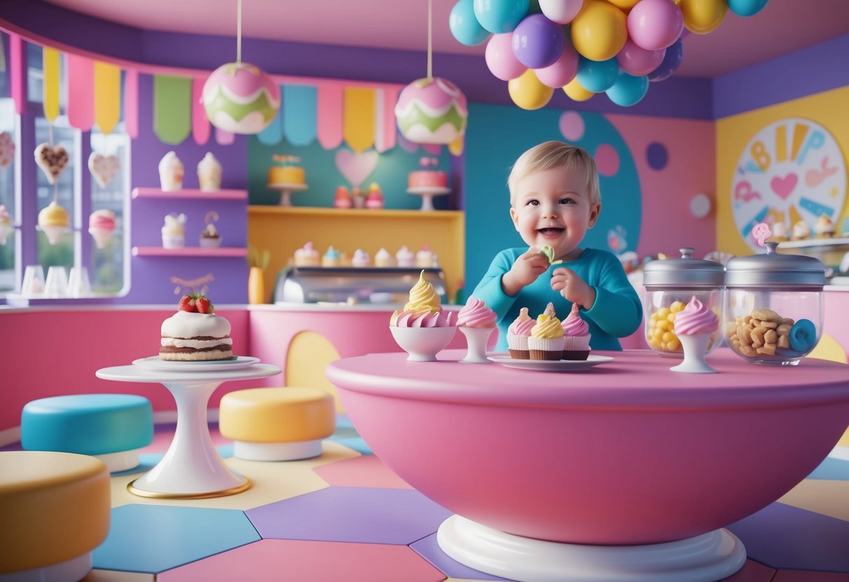 A colorful dessert cafe with playful decor and a variety of sweet treats, with a happy toddler enjoying a tasty treat