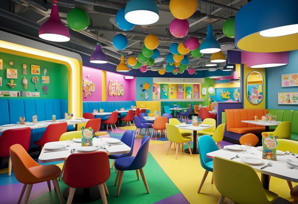 A whimsical restaurant with colorful decor and playful themed dining areas, featuring kid-friendly menu options and interactive activities for toddlers in Seattle