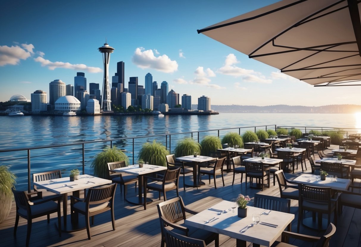 A bustling waterfront restaurant with outdoor seating, overlooking the Seattle skyline and the sparkling waters of the Puget Sound
