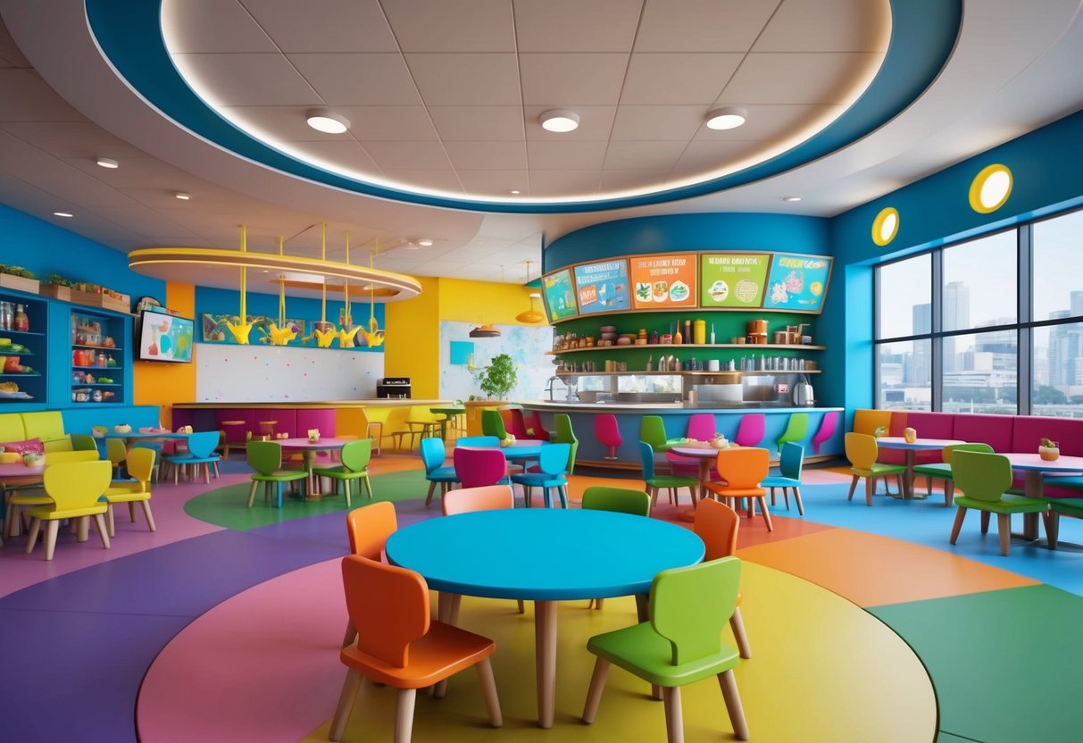 A colorful restaurant with a play area, high chairs, and a diverse menu of kid-friendly world cuisines