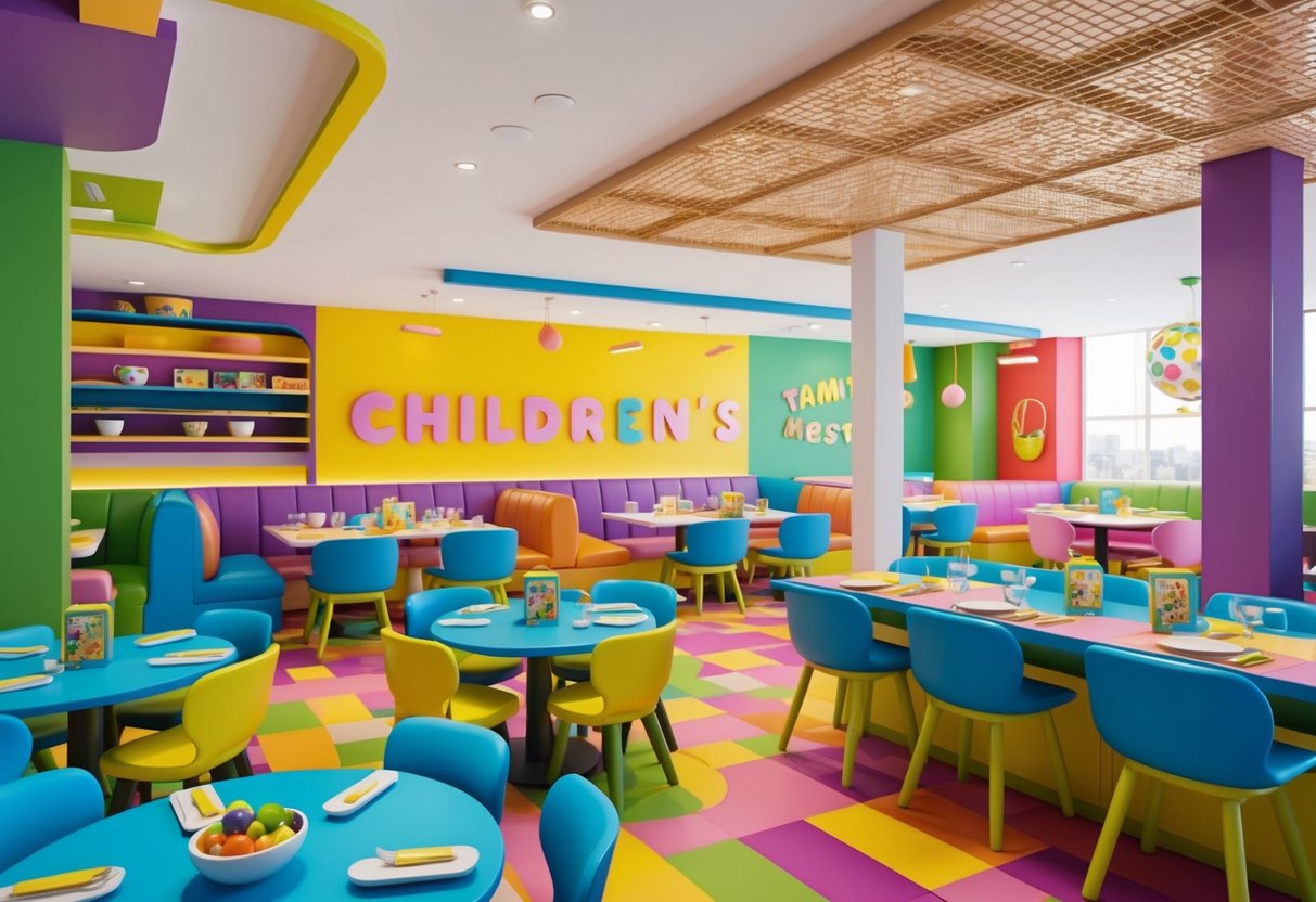 A lively restaurant with colorful decor and playful menu items. Children's play area and interactive dining experiences for families with toddlers