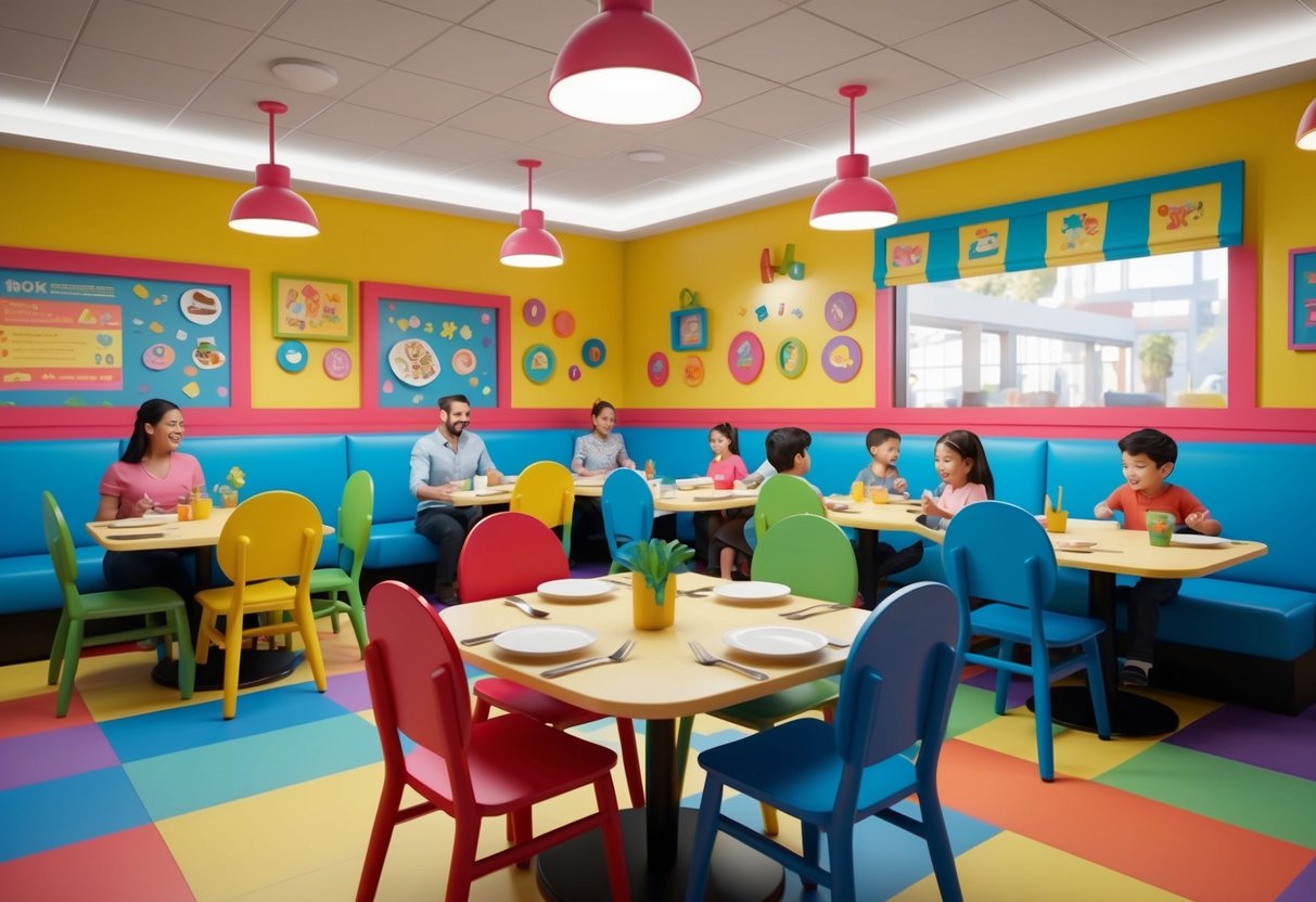 A colorful restaurant with highchairs, playful decor, and a menu featuring kid-friendly options. Families enjoy meals together in a lively atmosphere