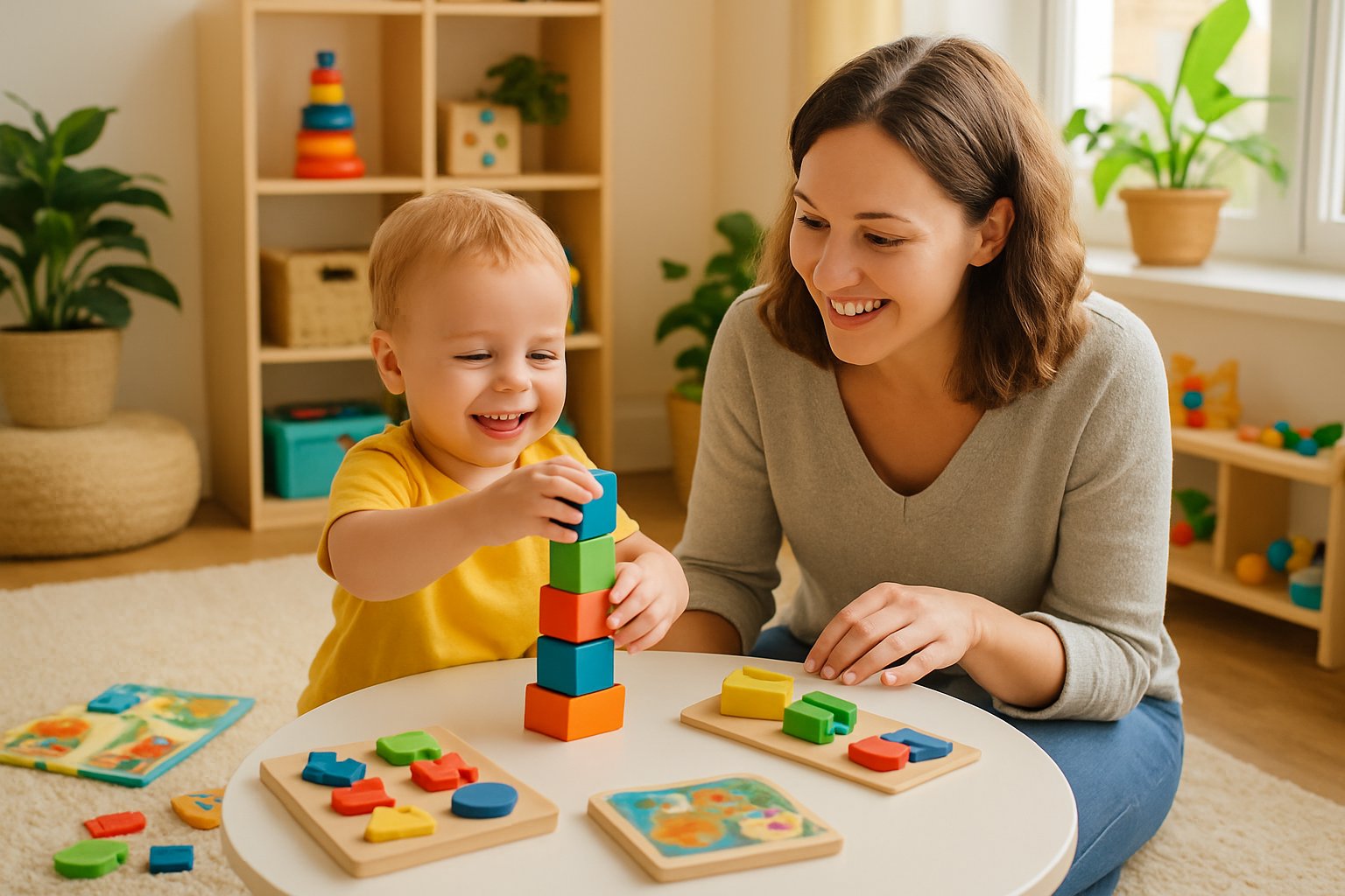A toddler playing with wooden blocks at a table while a parent watches and encourages in a bright, organized playroom.