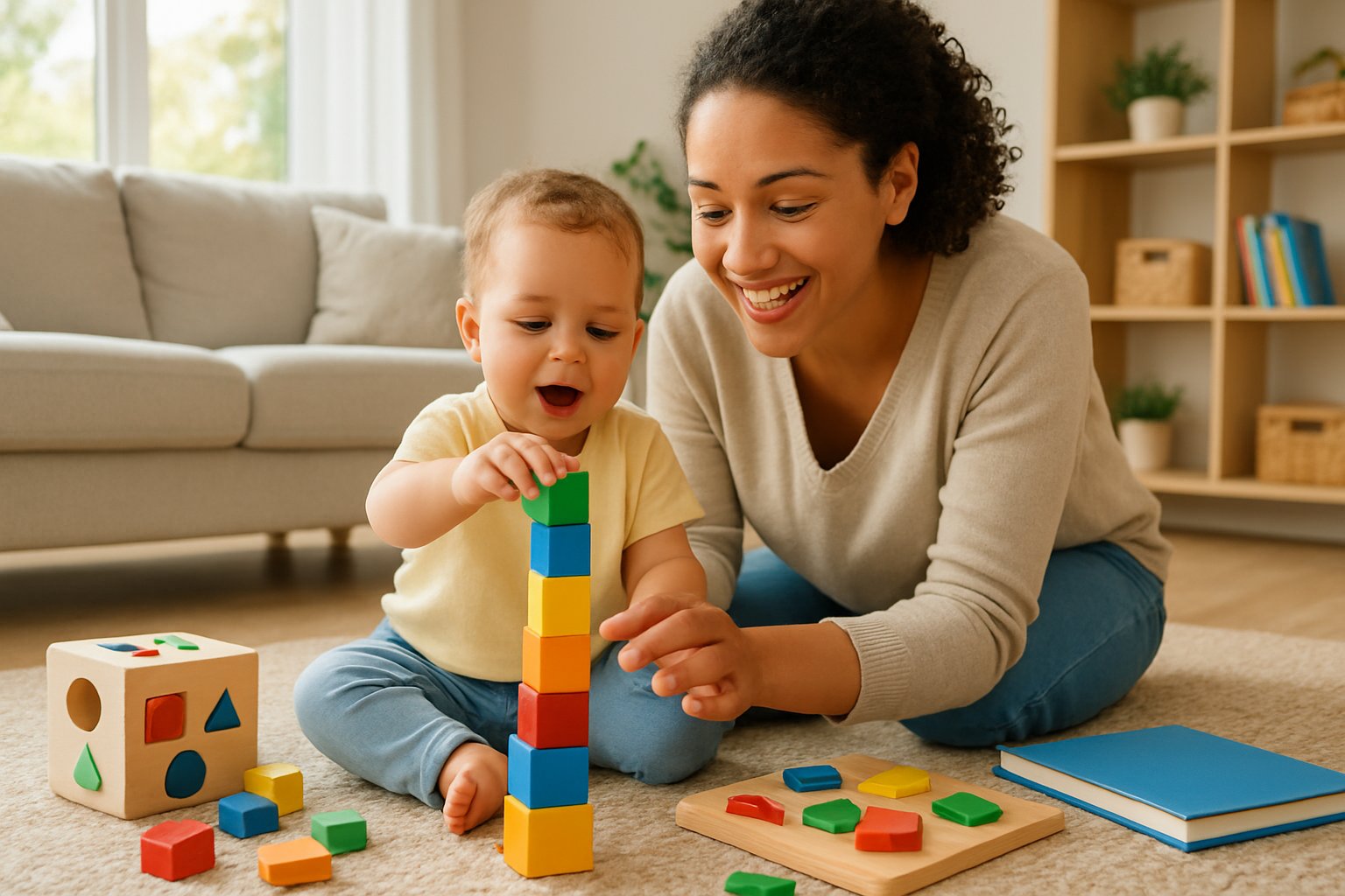 A toddler playing with colorful blocks on a rug while a smiling parent watches and encourages them in a bright living room.