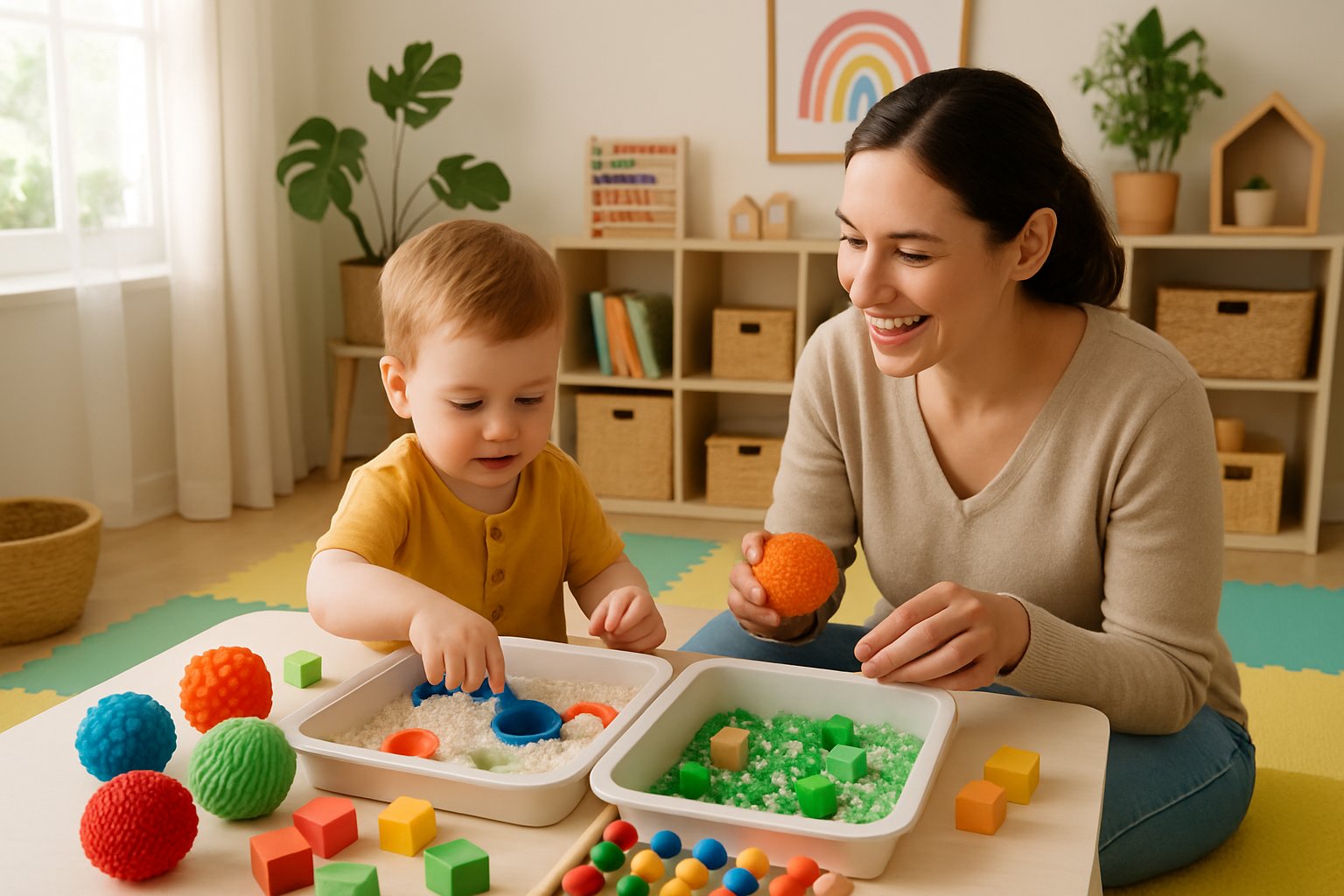 A toddler playing with sensory toys while a parent watches and encourages in a bright, cozy playroom.