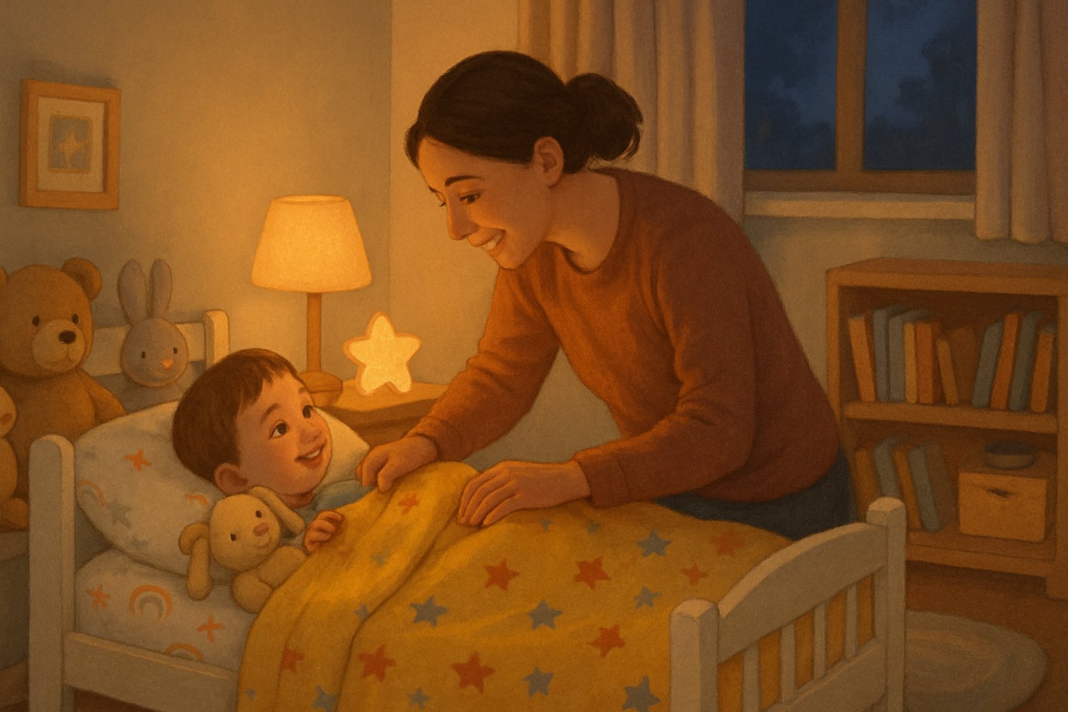A parent gently tucking a smiling toddler into bed in a cozy, softly lit bedroom.