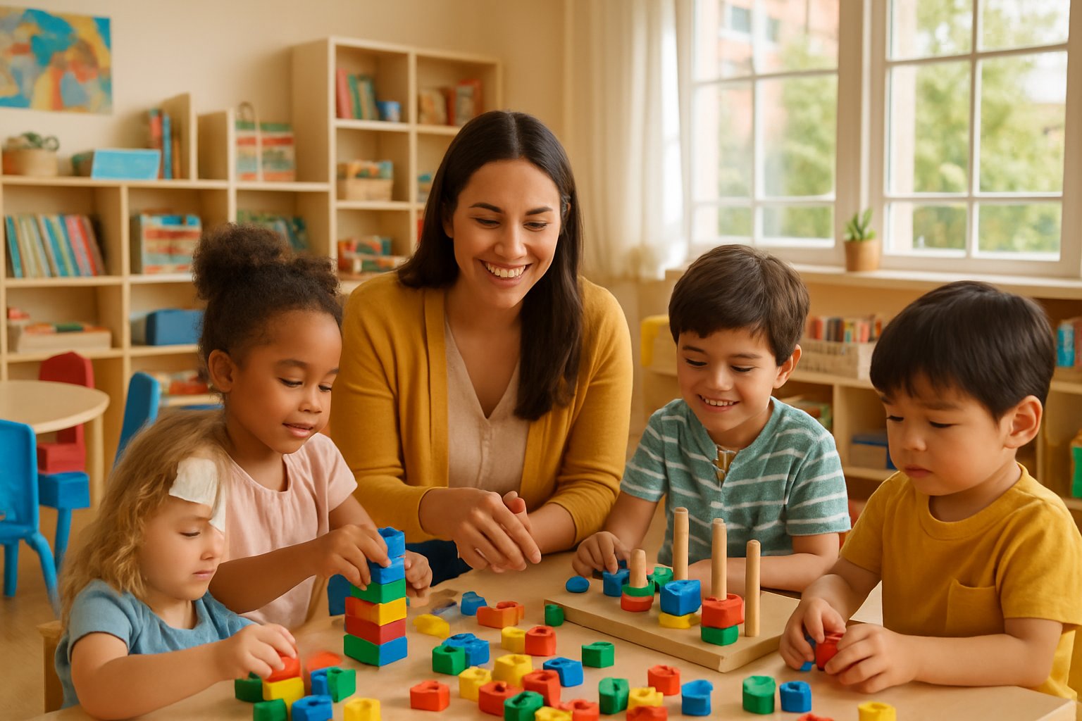 Children playing and learning together in a bright indoor playroom with a teacher guiding them.
