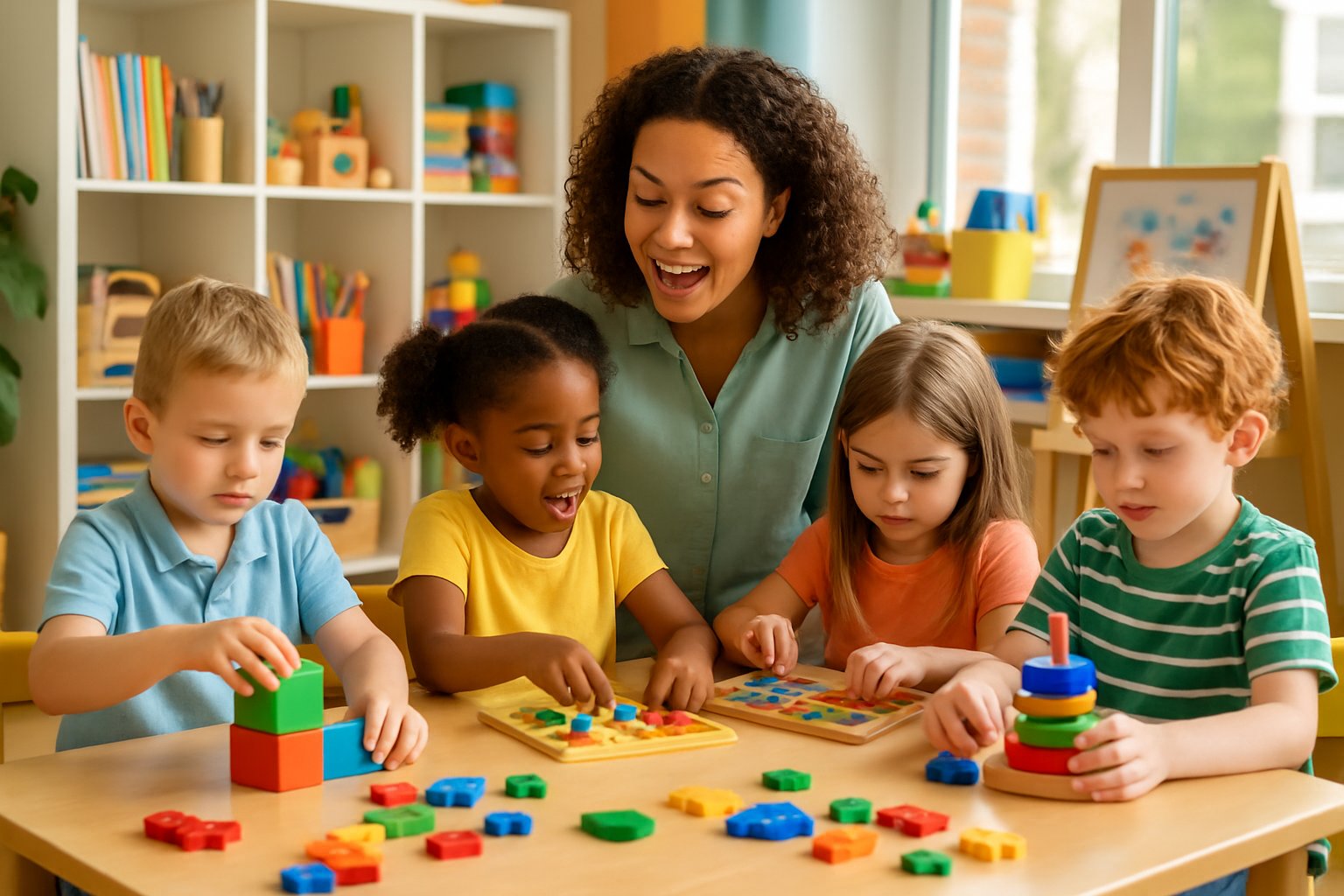 Children playing and learning together with educational toys in a bright classroom under the guidance of a teacher.
