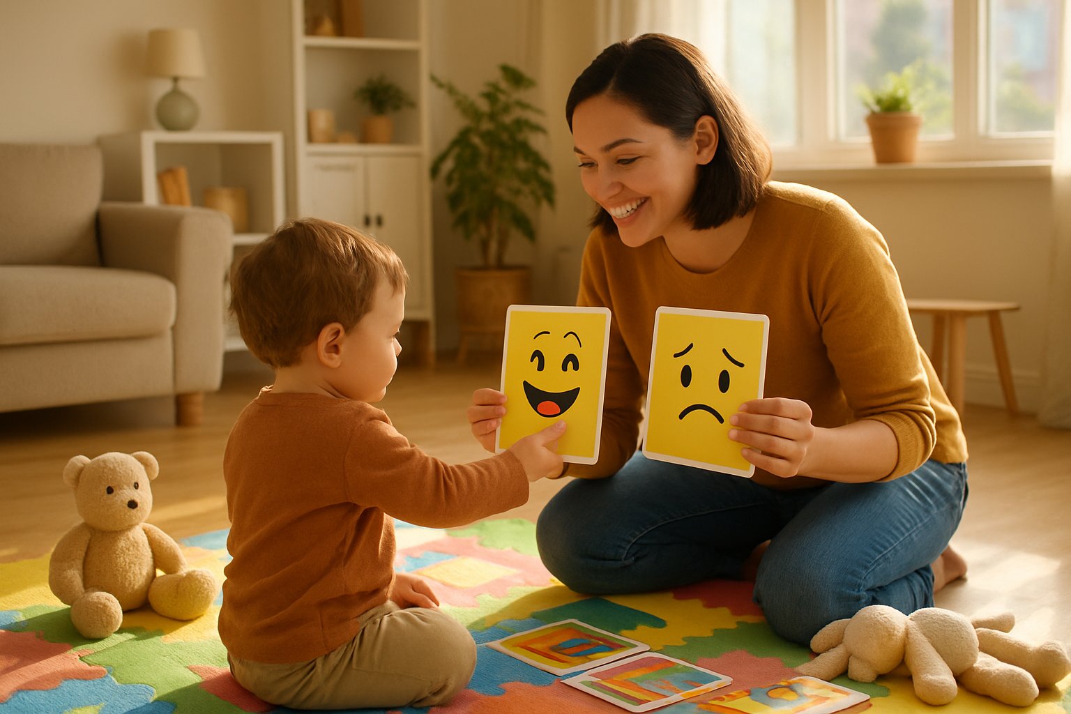 A parent and toddler sitting on a play mat at home, looking at emotion flashcards together.