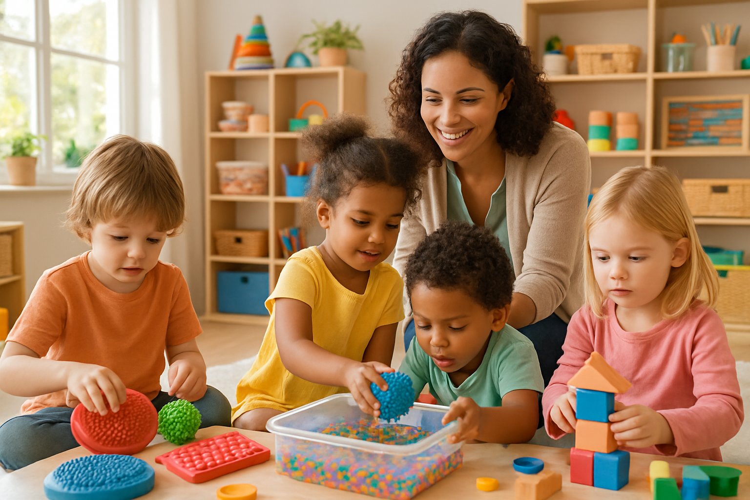 Children playing with sensory toys and blocks in a bright room while an adult guides them.
