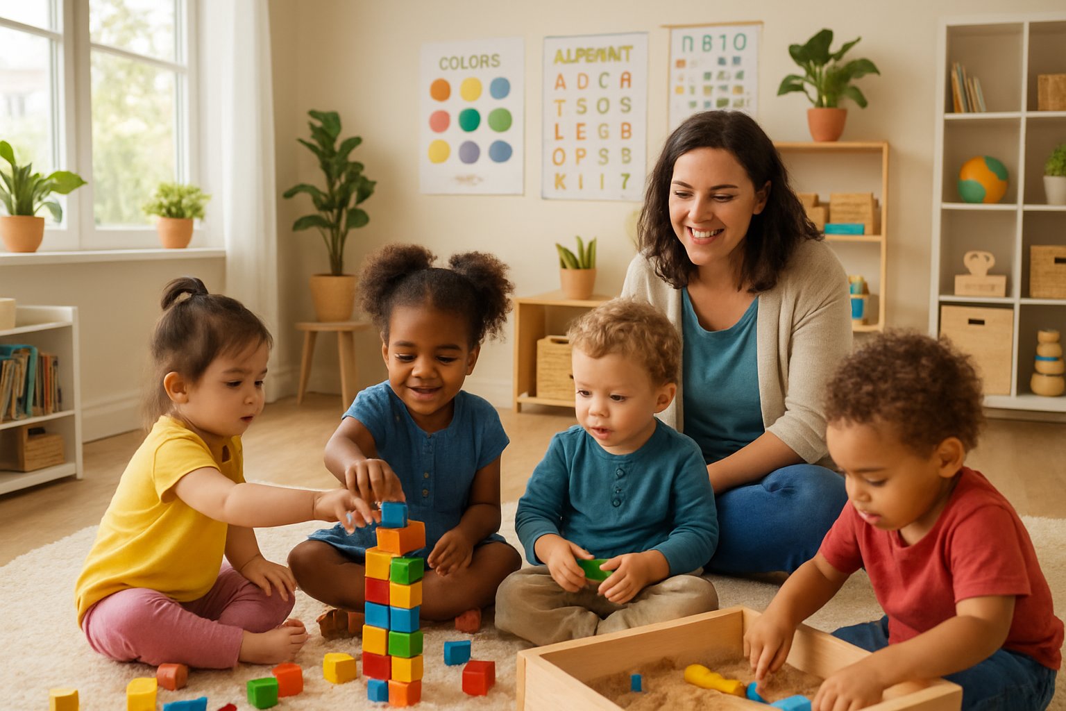 Toddlers playing with blocks and sensory toys in a bright room while an adult interacts with them.