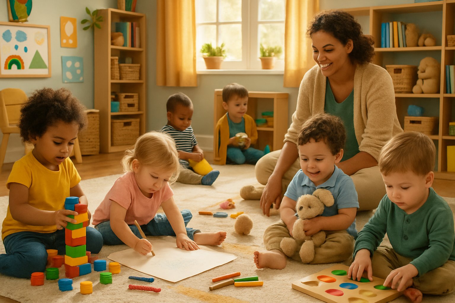 Toddlers playing with building blocks, drawing, and exploring toys in a bright playroom with a caregiver nearby.