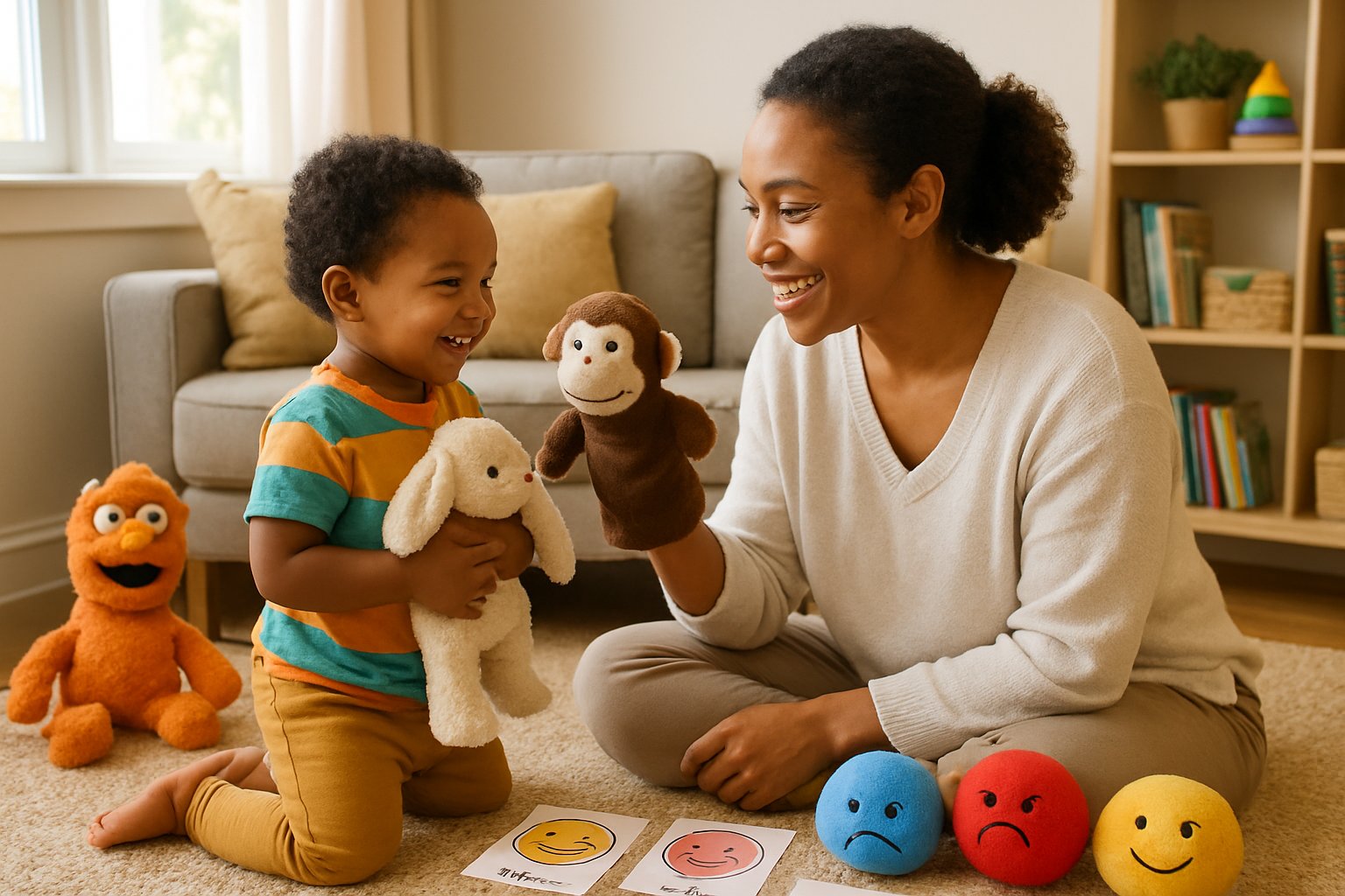 A toddler and an adult playing together with toys in a cozy living room, engaging in a role-playing activity to learn about emotions.