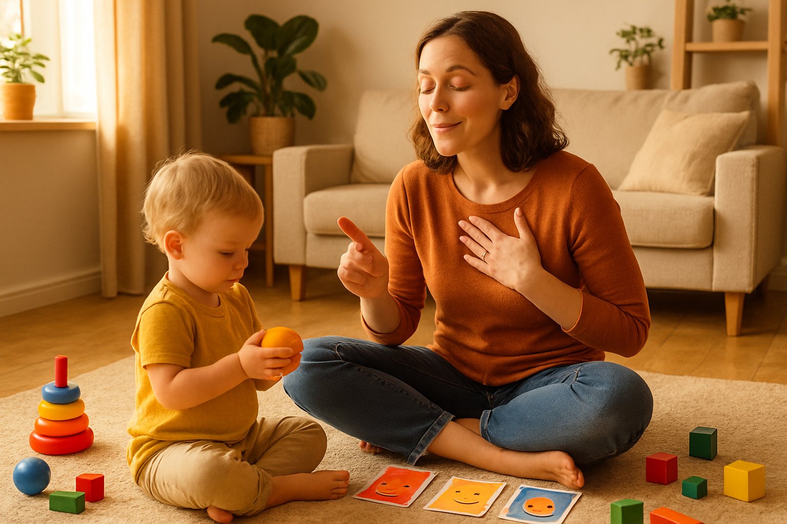 A parent and toddler sitting on the floor at home, practicing calming techniques together with toys and emotion cards nearby.