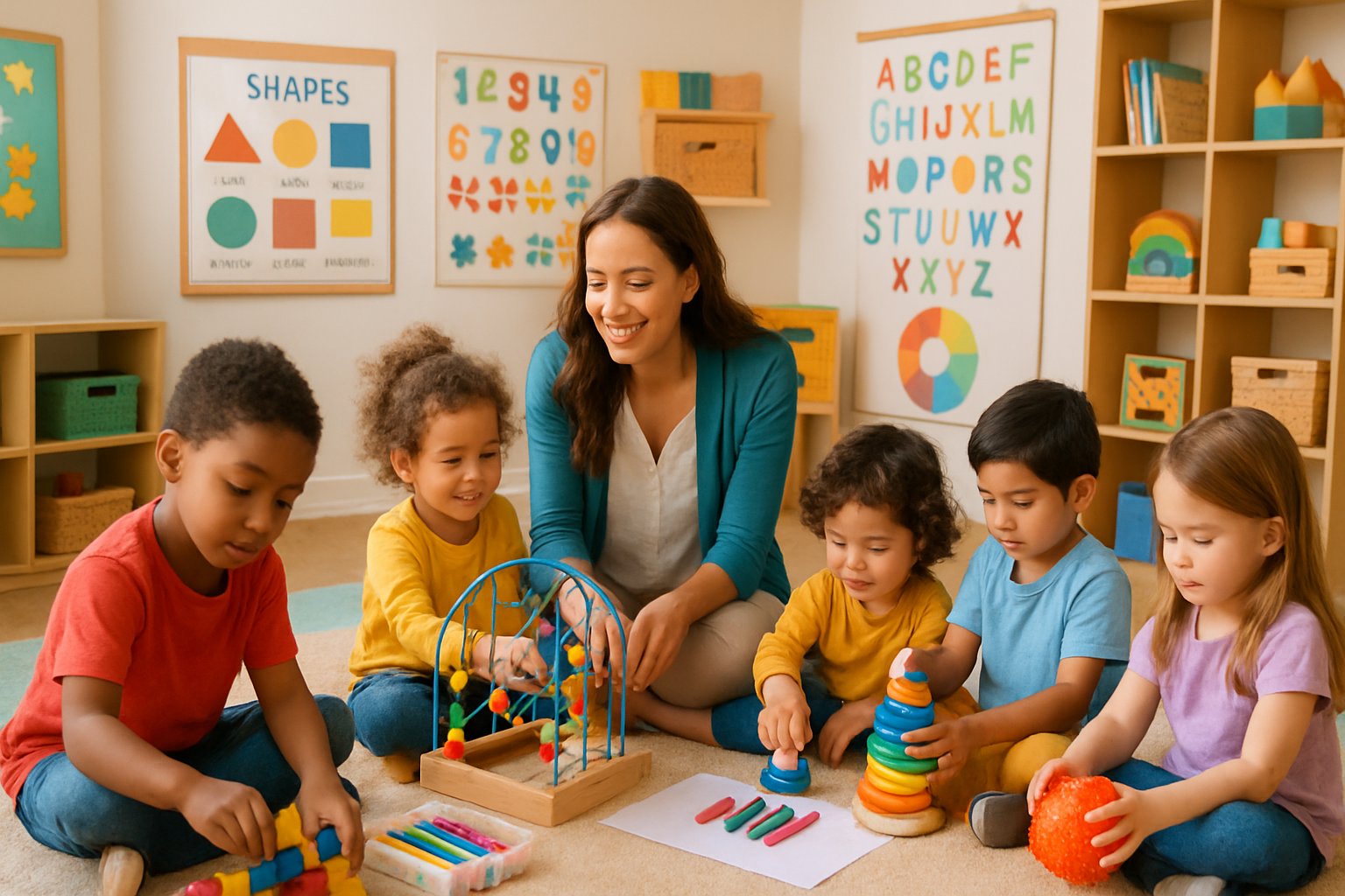 Young children playing and learning with toys and blocks in a bright classroom while a teacher guides them.