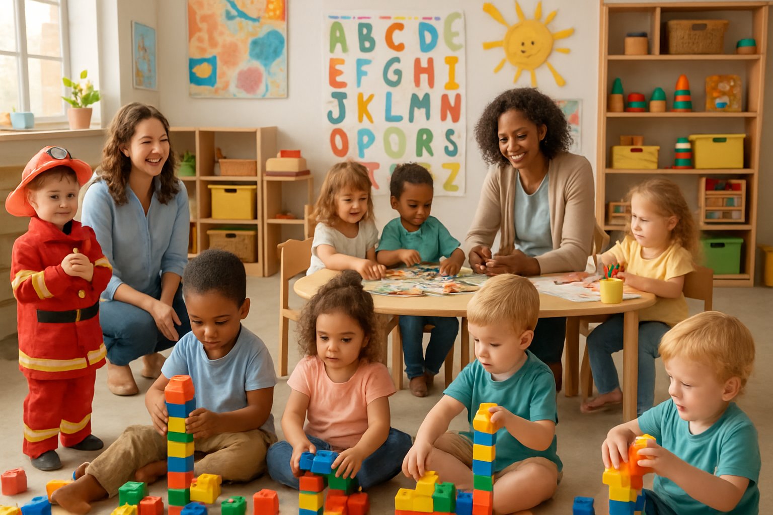 Young children playing with blocks, costumes, and puzzles in a bright classroom with teachers supervising.