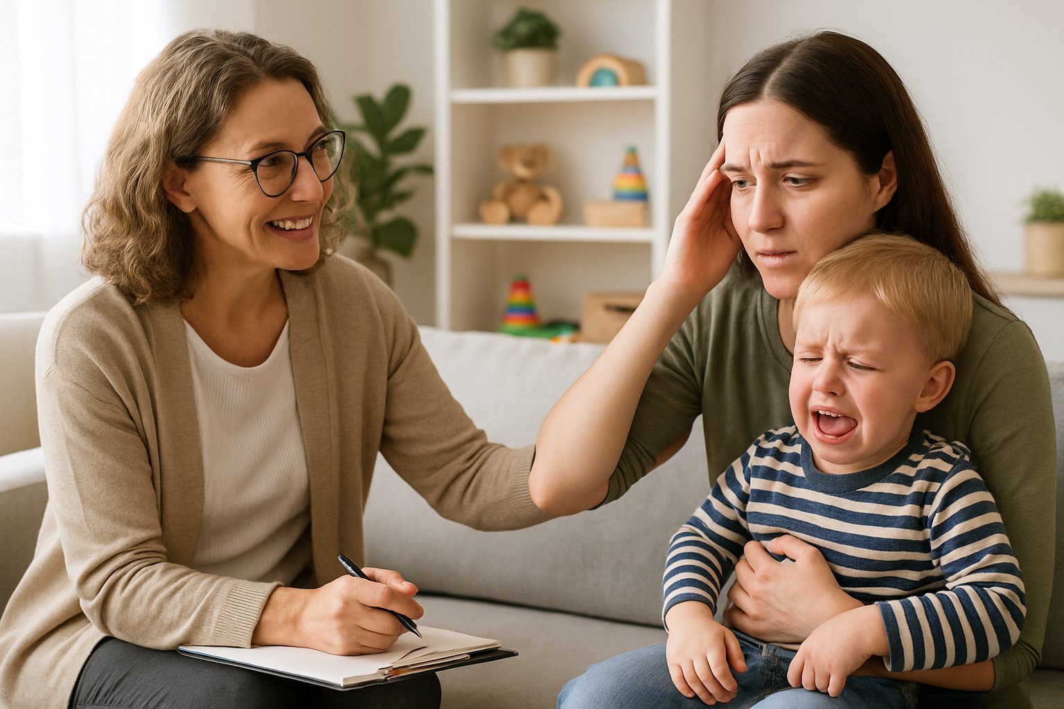 A parenting expert calmly advising a busy mom holding a toddler having a tantrum in a bright living room.