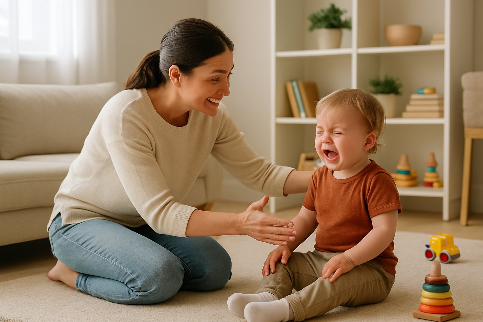 A mother calmly comforting her toddler who is upset in a cozy living room.
