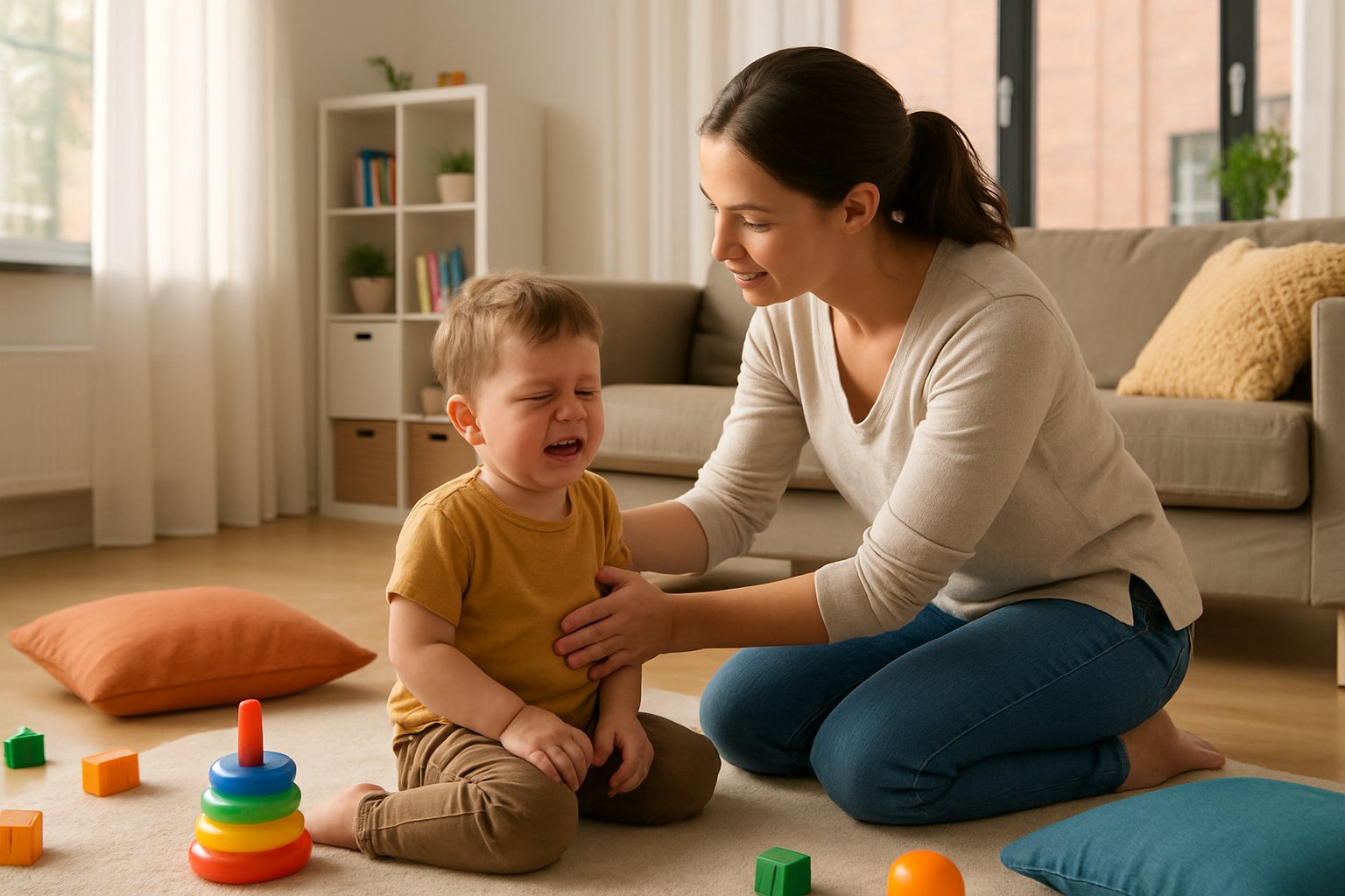 A mother calmly comforting her toddler during a tantrum in a bright living room with toys scattered around.