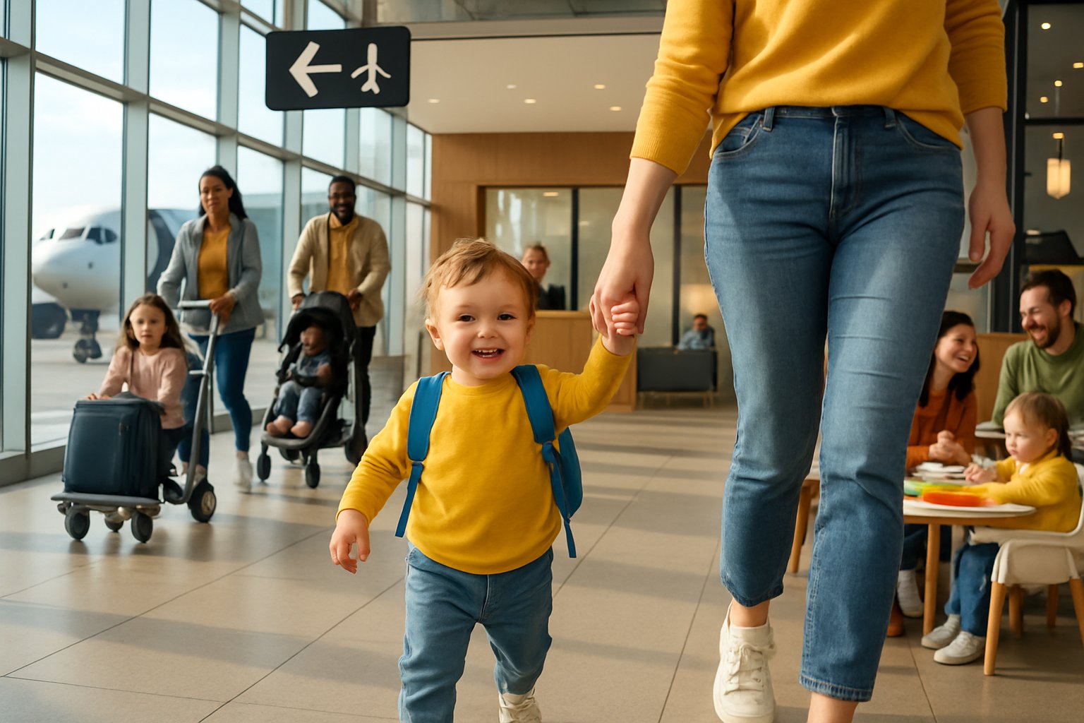 A toddler holding a parent's hand walking in an airport terminal with families, a hotel lobby, and a family-friendly restaurant visible in the background.