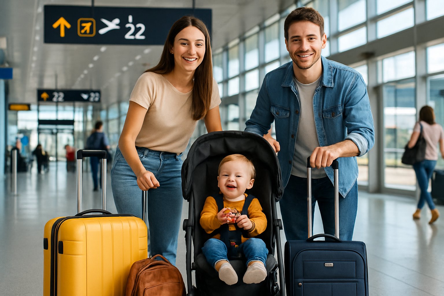A family with a toddler in a stroller at an airport terminal, preparing for travel with luggage around them.