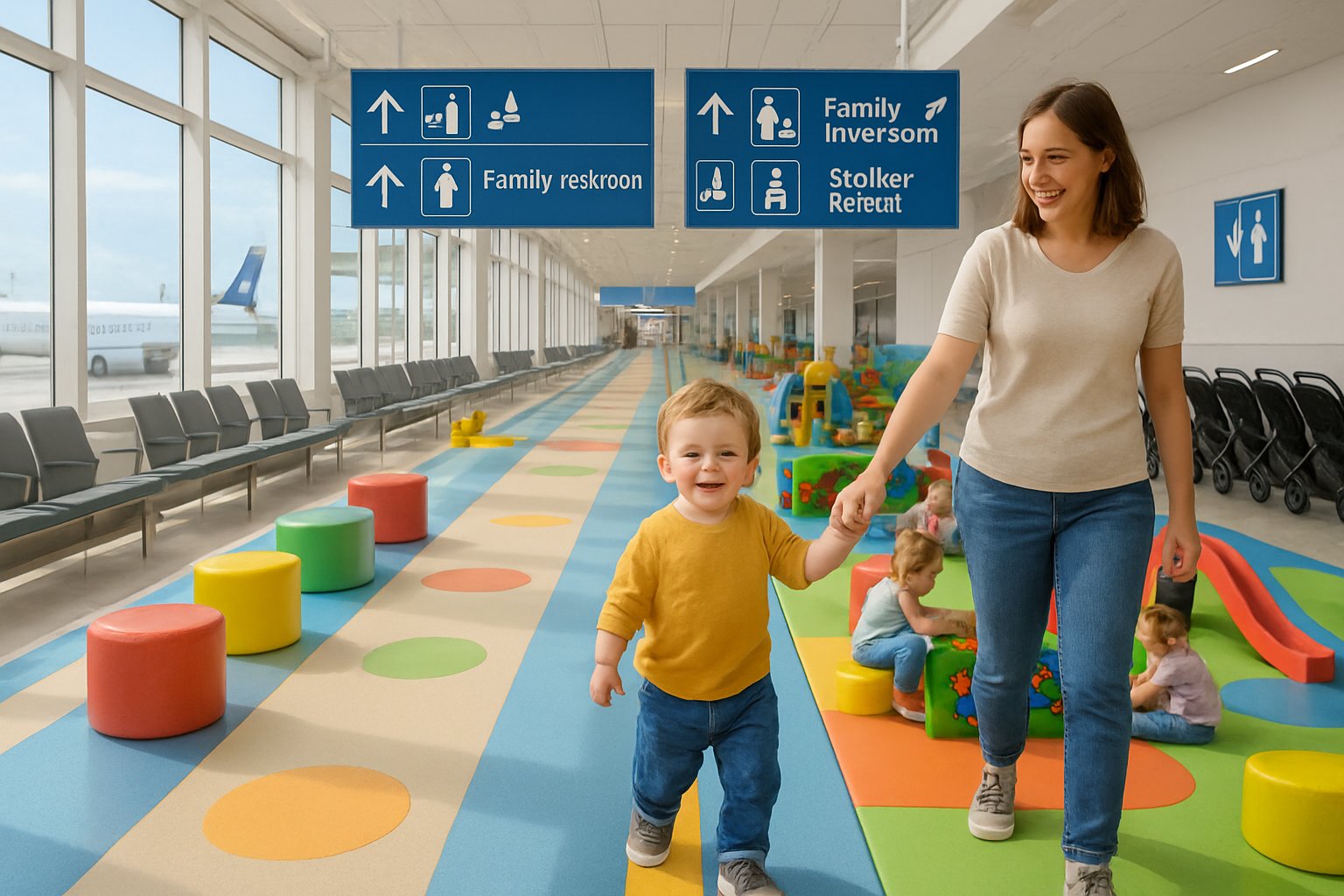 A toddler holding a parent's hand walking through a bright airport terminal with a nearby play area and family-friendly facilities.