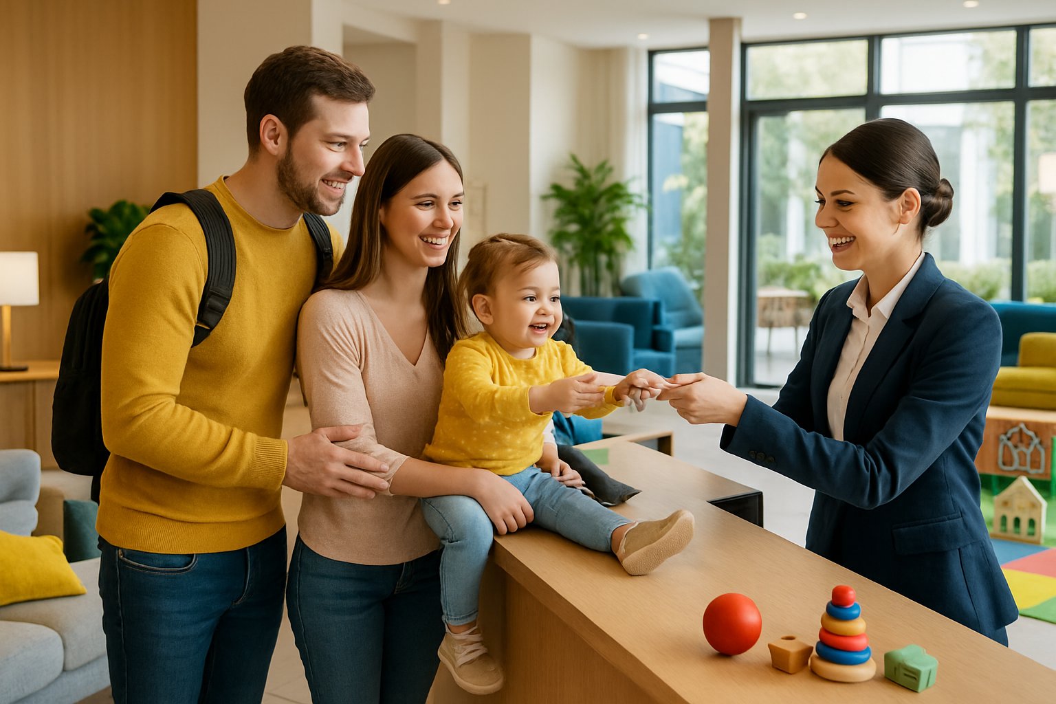 A family with a toddler checking in at a hotel reception desk with a friendly staff member in a bright lobby featuring a play area and child-friendly seating.