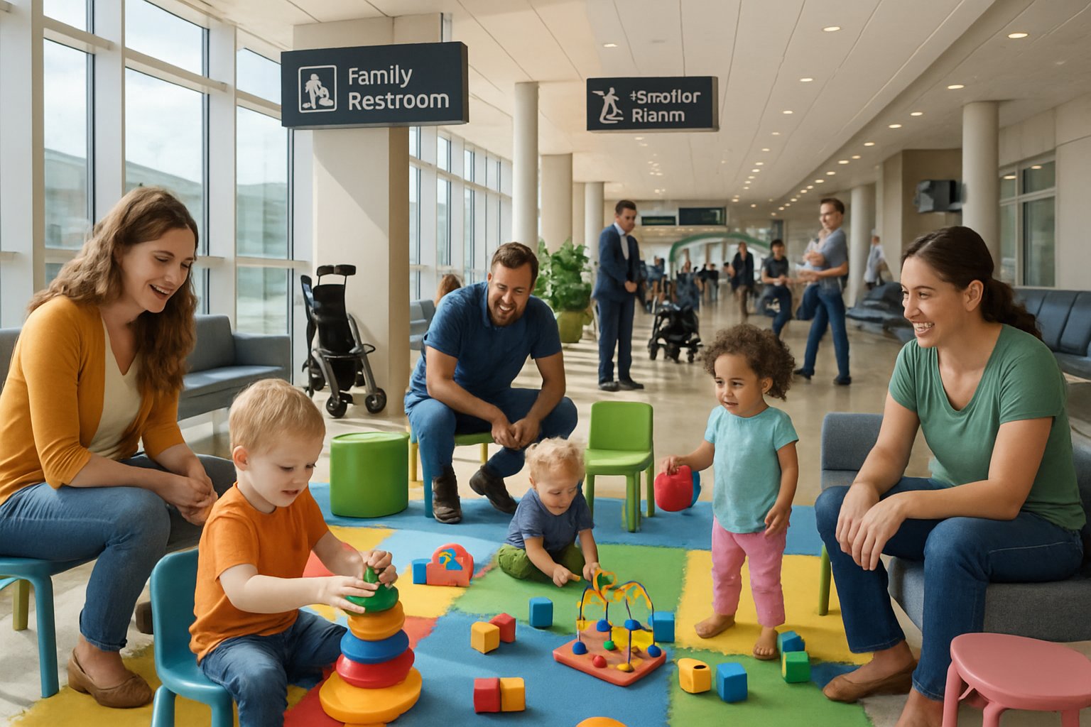 Families with toddlers playing and resting in a bright airport terminal with a dedicated play area and family-friendly amenities.