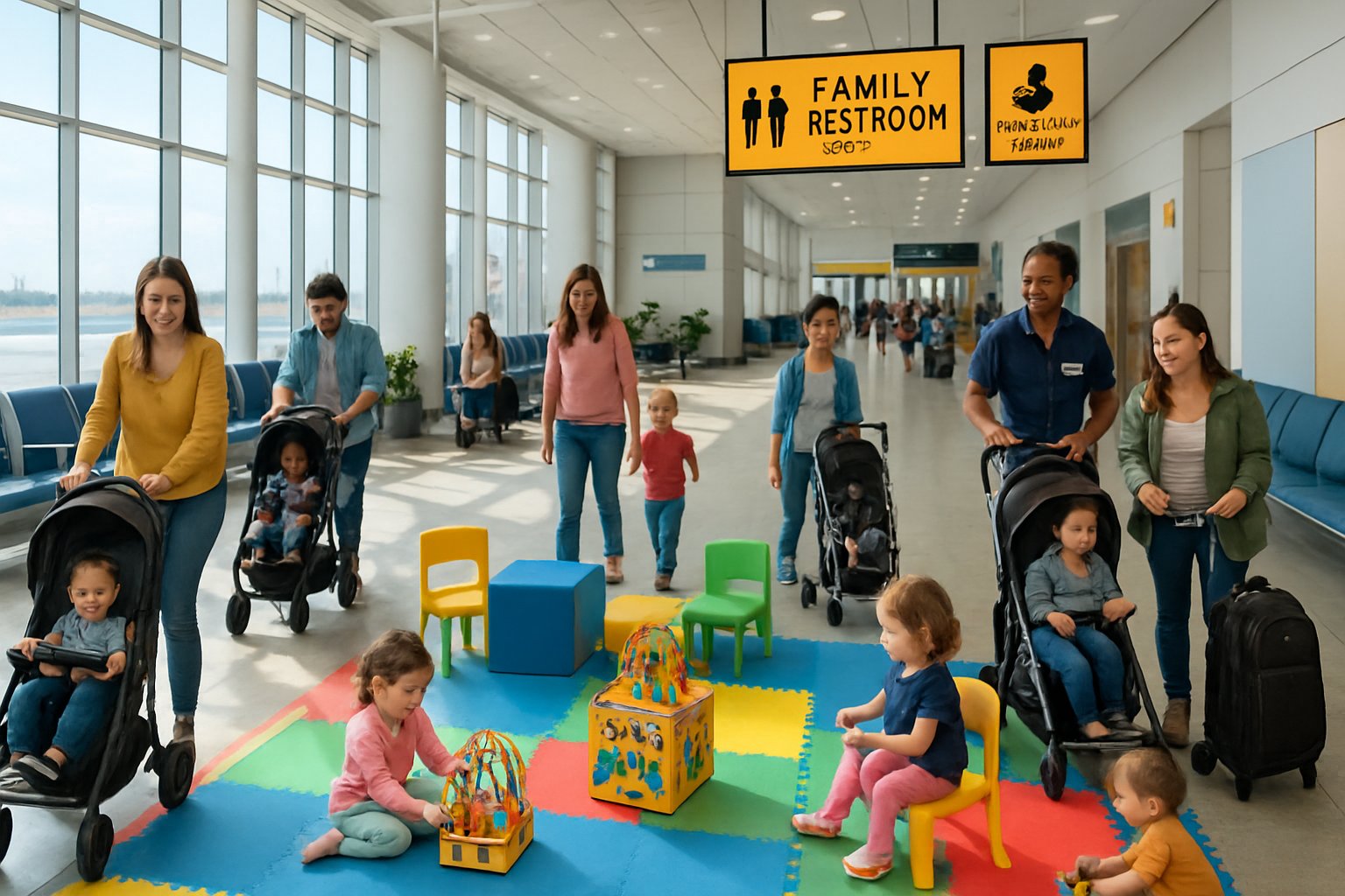 Families with toddlers in a busy airport terminal using a play area and family-friendly facilities.
