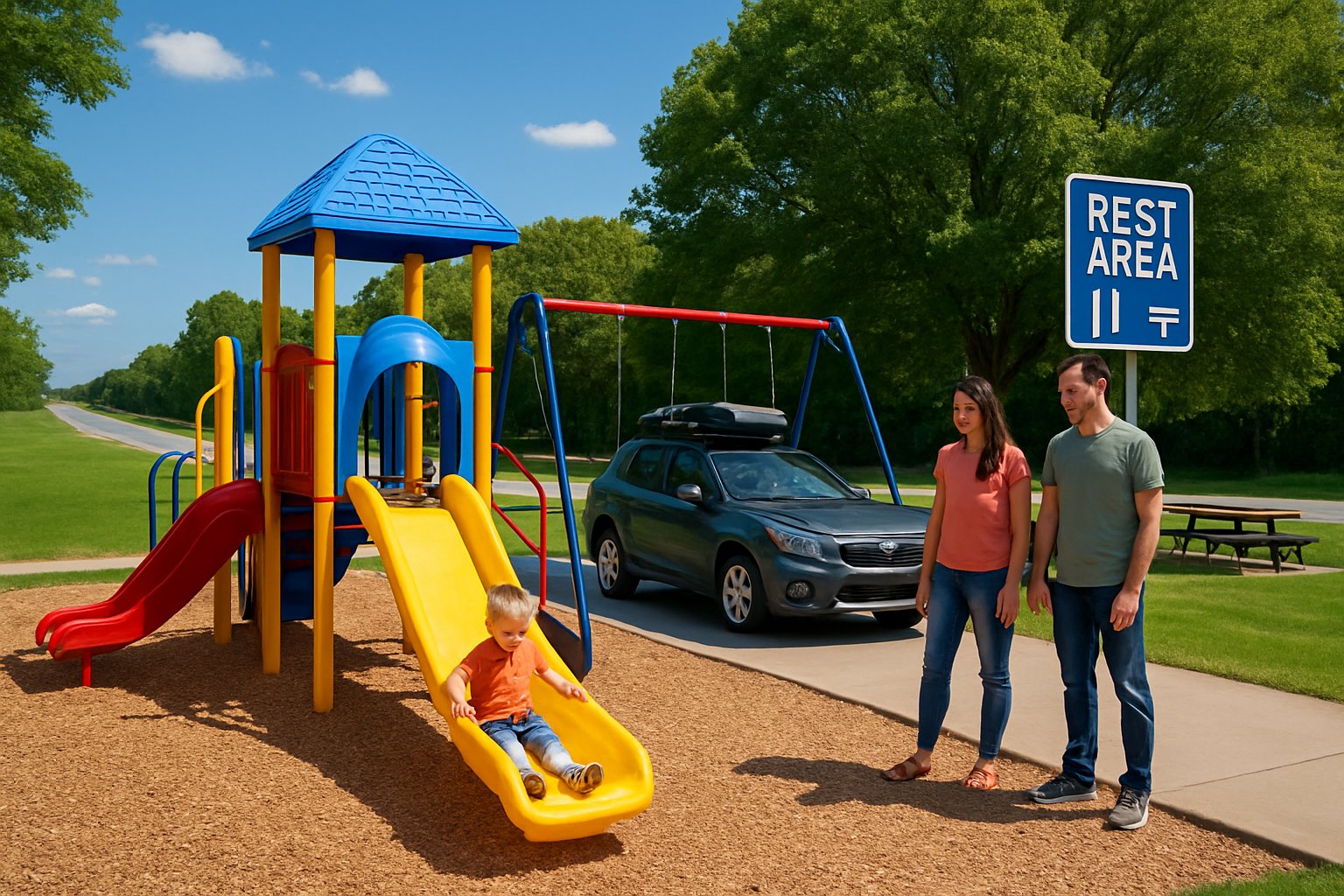 A family enjoying a toddler-friendly rest stop with playground equipment near a parked car surrounded by trees.