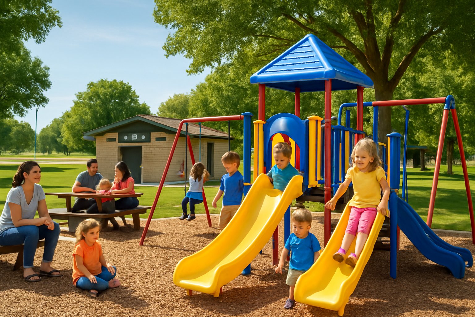 A family-friendly rest stop with toddlers playing on playground equipment and parents nearby, surrounded by green grass and trees on a sunny day.