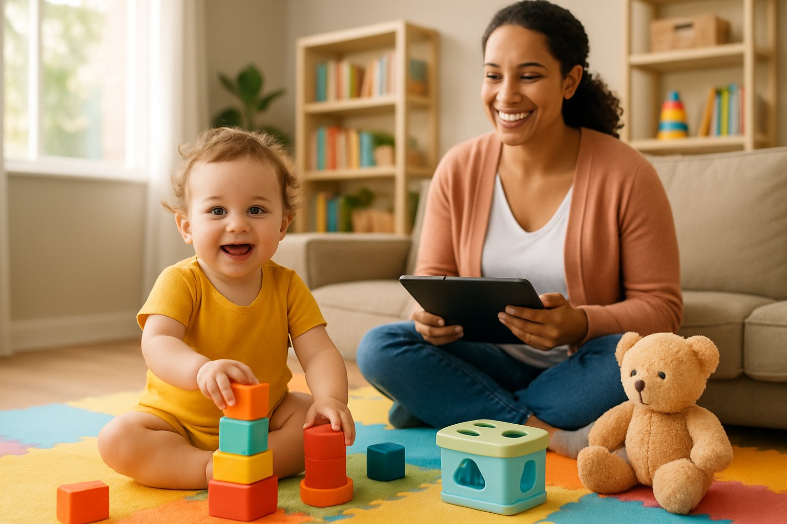 A toddler playing with toys on a colorful mat while a parent watches nearby in a bright living room.