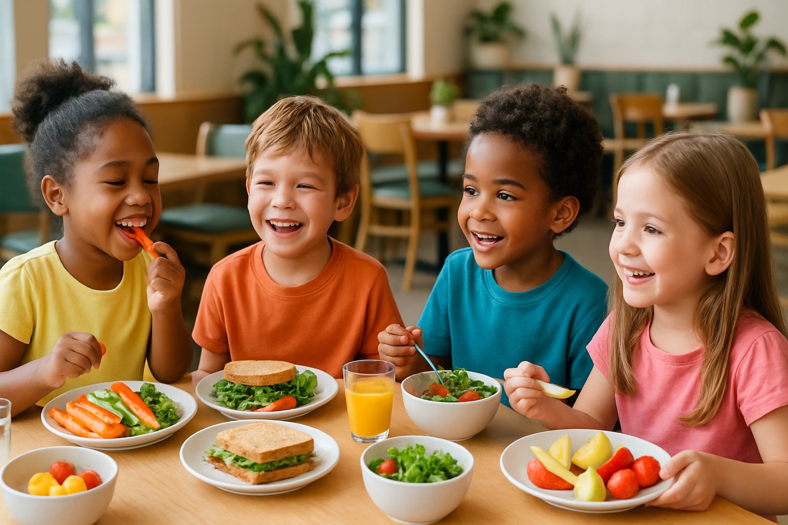 Children sitting around a table happily eating healthy food in a bright restaurant.