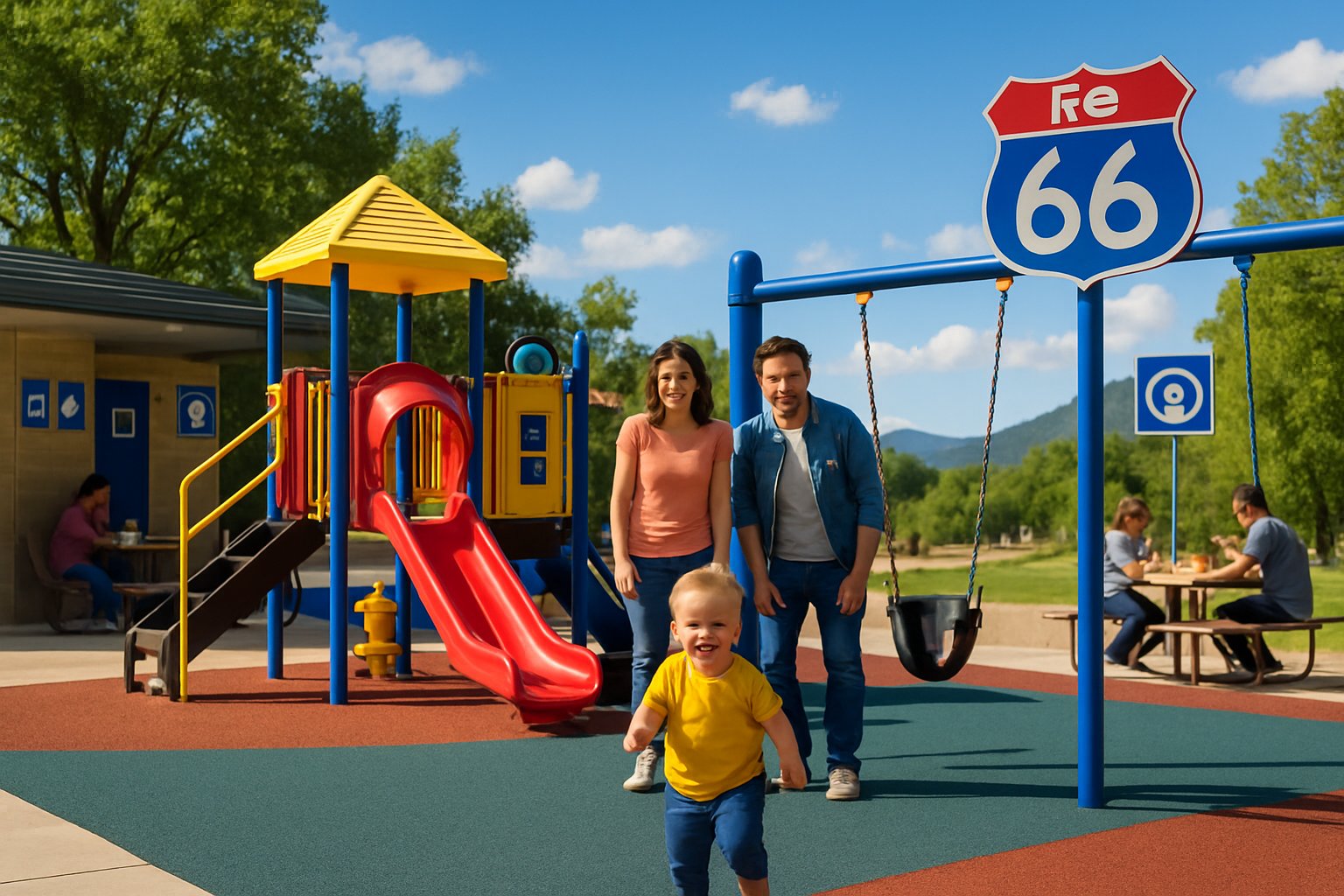 A toddler playing on colorful playground equipment at a rest stop with parents nearby and green trees in the background.