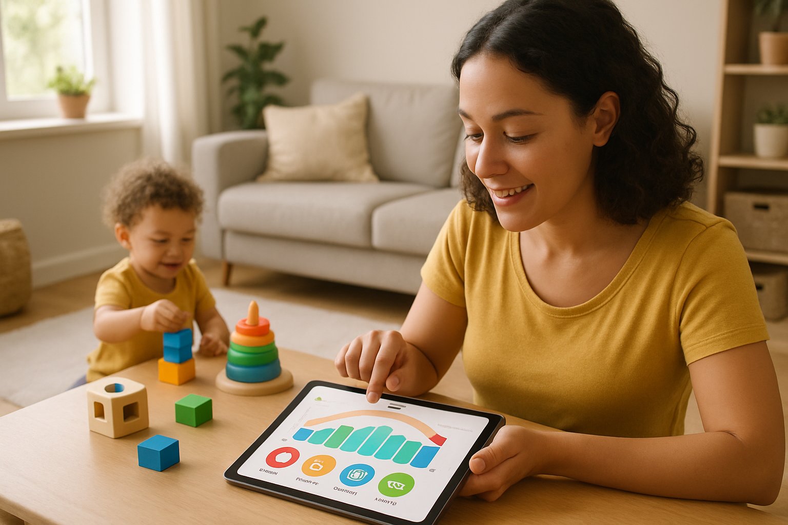 A parent and toddler interacting at a table with a tablet showing colorful milestone charts, surrounded by toys in a bright living room.