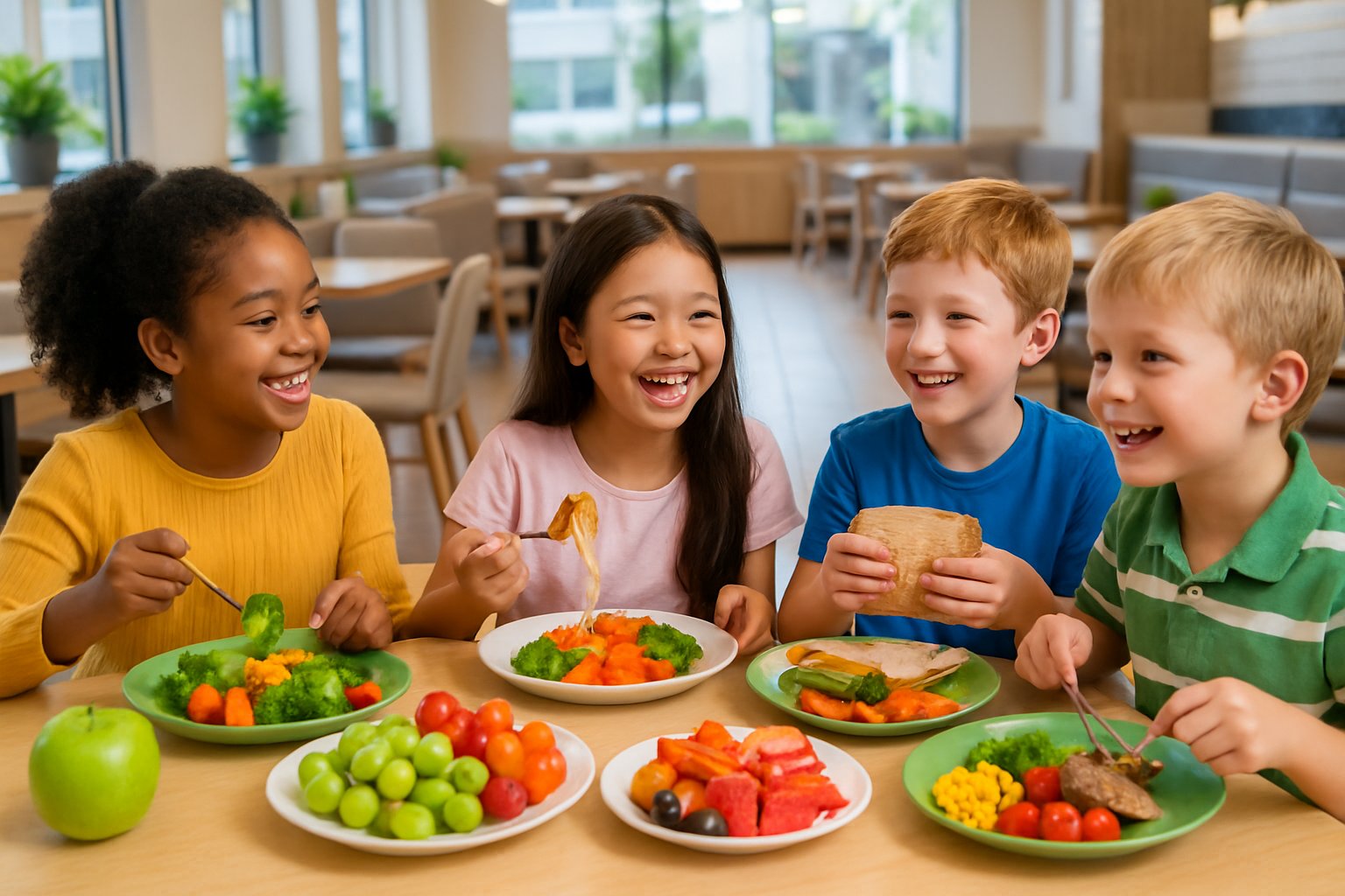 Children happily eating healthy meals together at a restaurant table filled with fruits, vegetables, and balanced dishes.