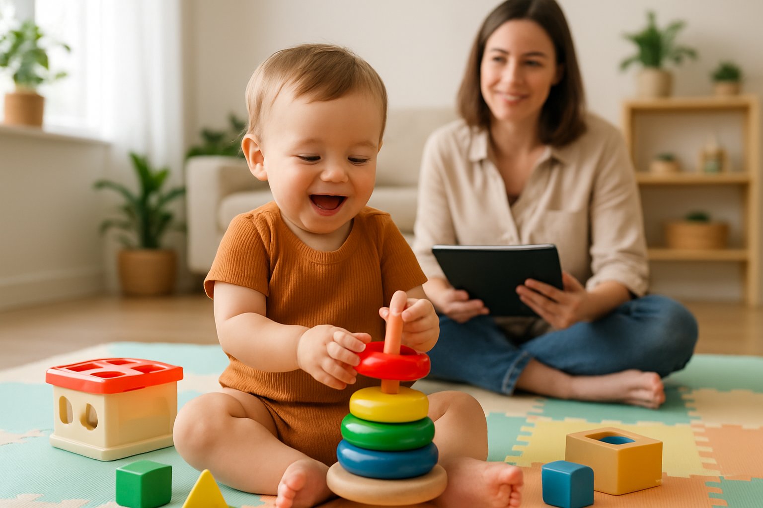 A toddler playing with educational toys on a play mat while a parent watches nearby in a bright living room.